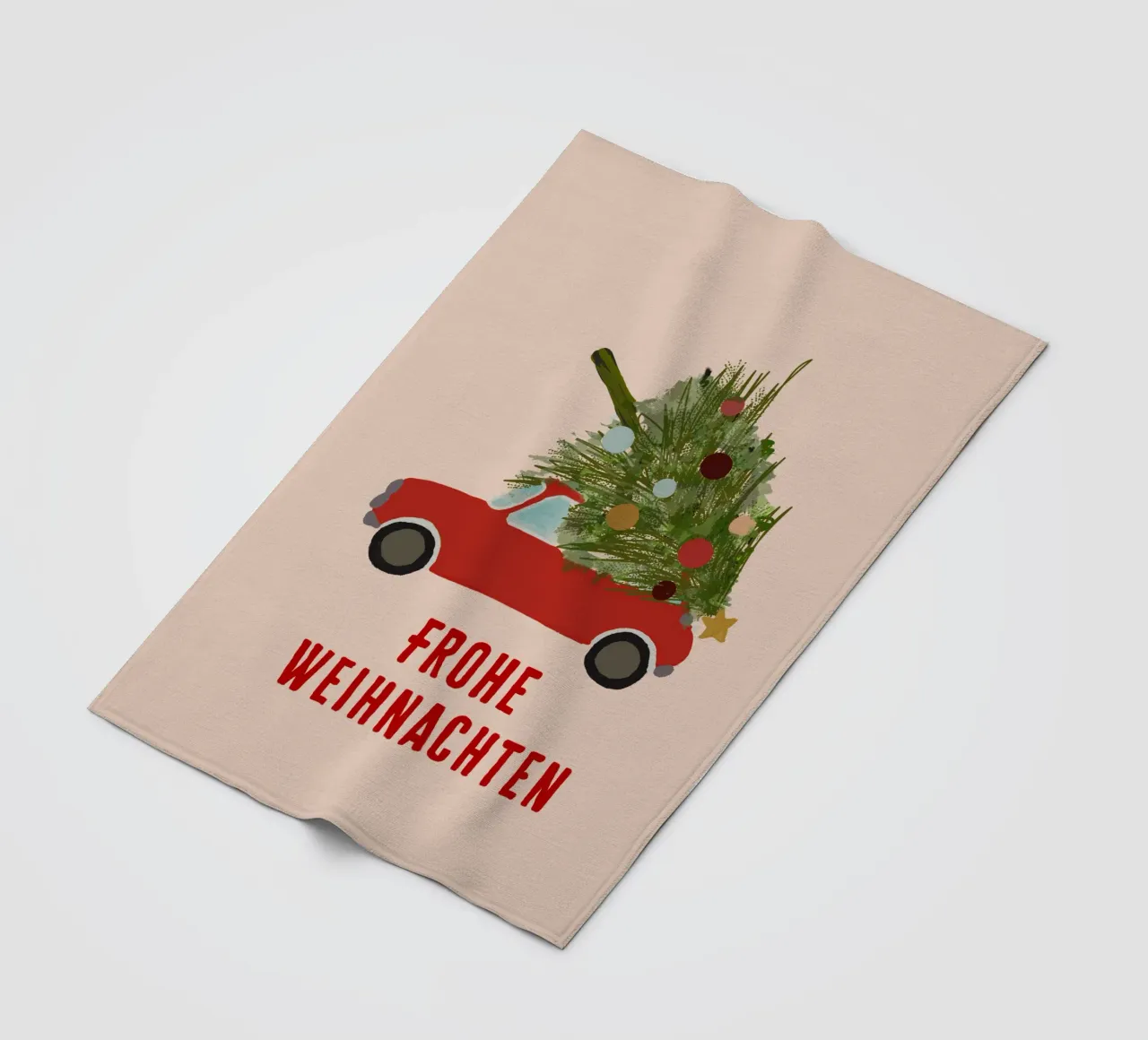 Auto natalizia retrò con albero di Natale sul tetto Rosso coperta in pile da Alisa Knöß