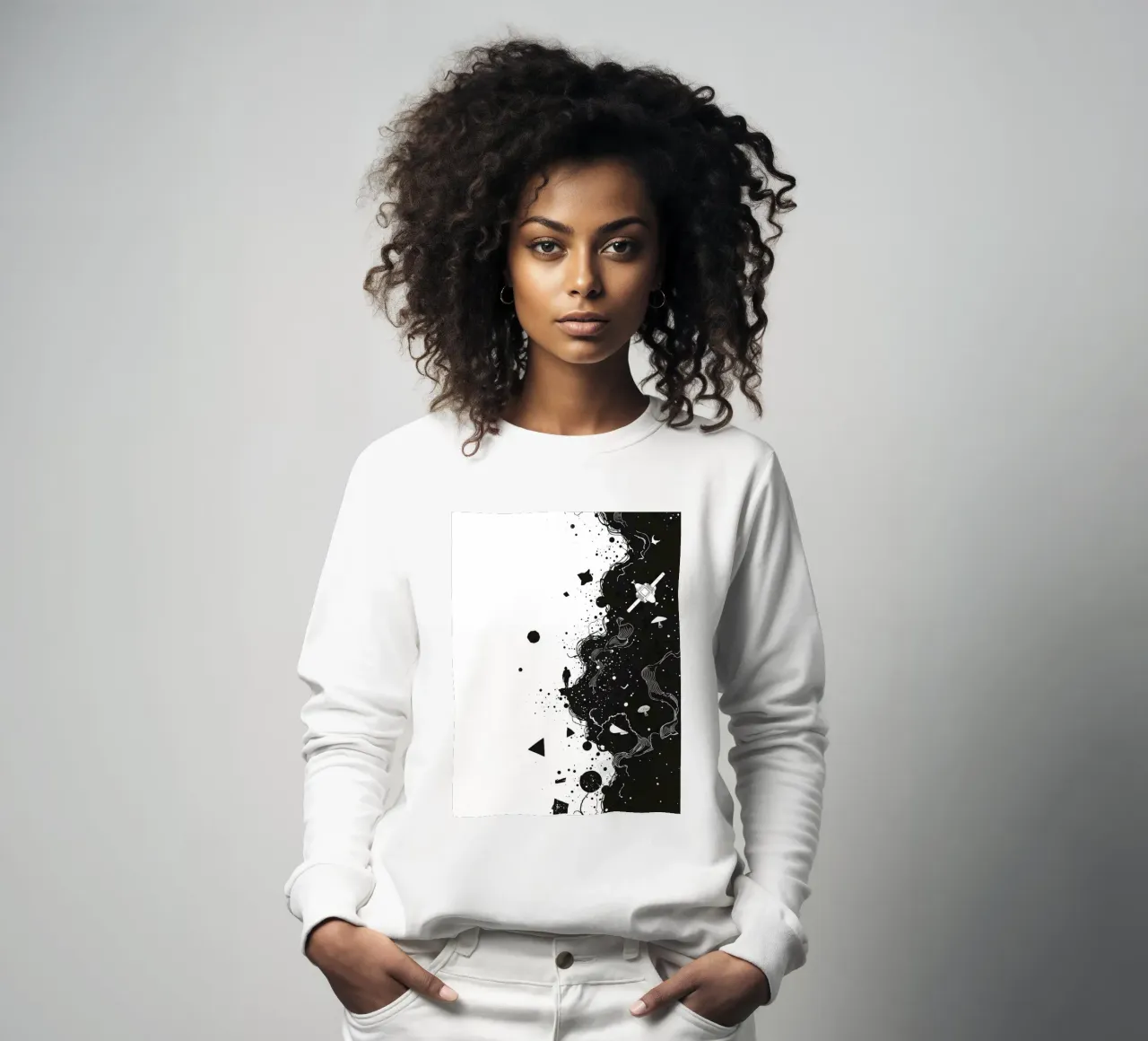 Silhouette on Cliff Edge with Abstract Celestial Forms sweatshirt by DesignDoodle