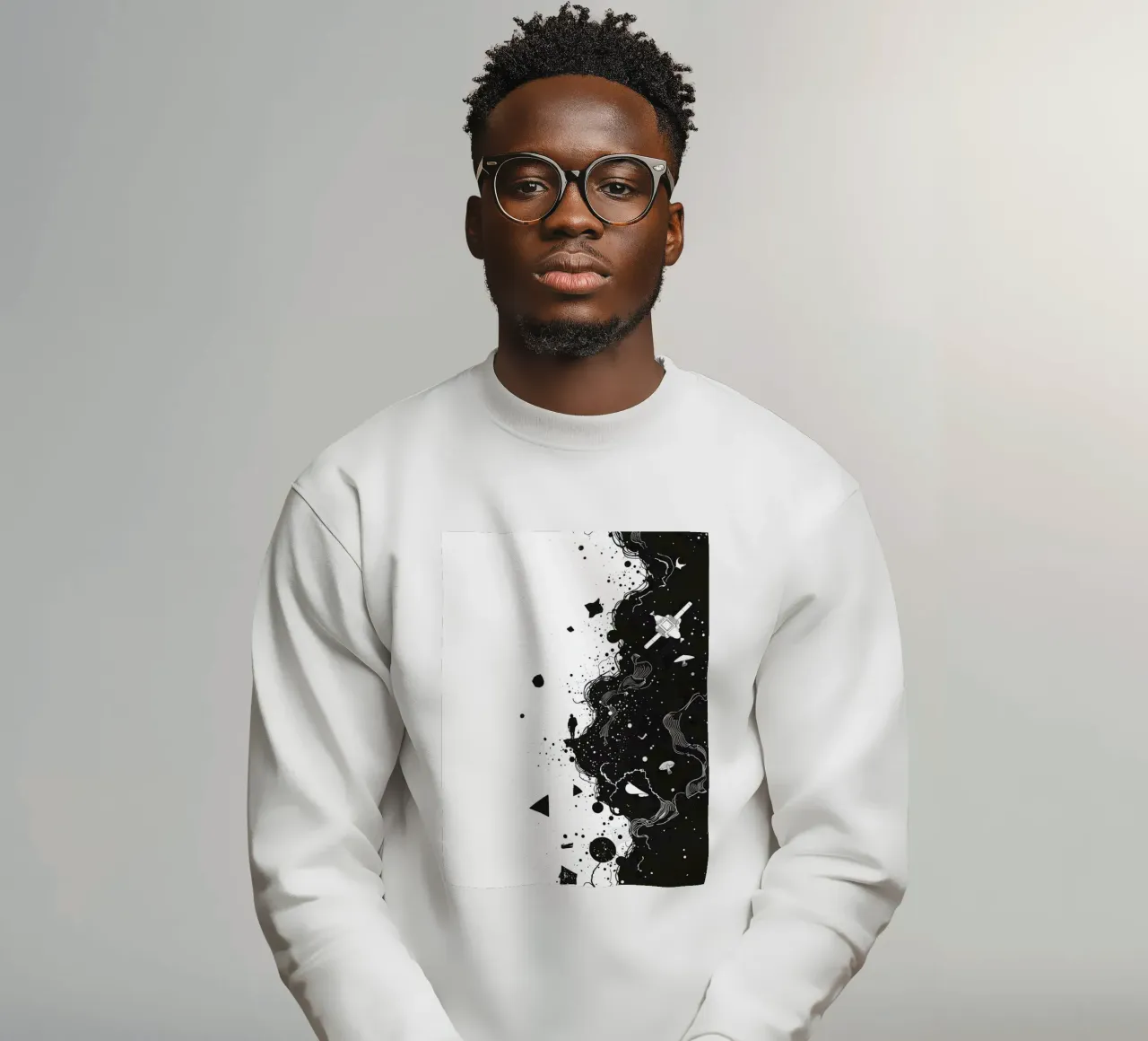 Silhouette on Cliff Edge with Abstract Celestial Forms sweatshirt by DesignDoodle