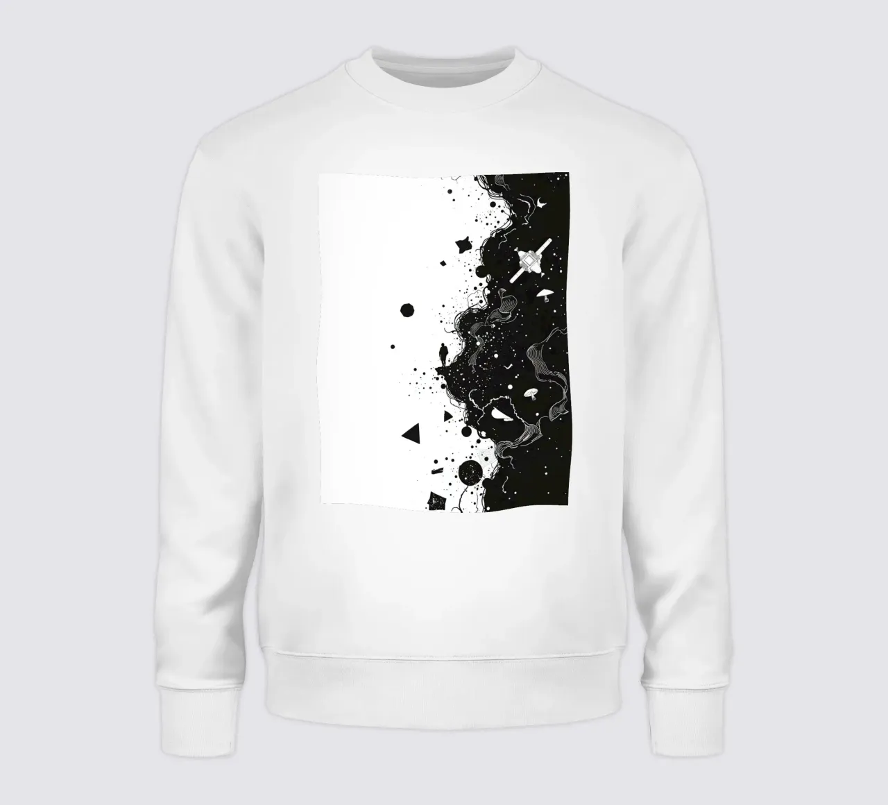 Silhouette on Cliff Edge with Abstract Celestial Forms sweatshirt by DesignDoodle