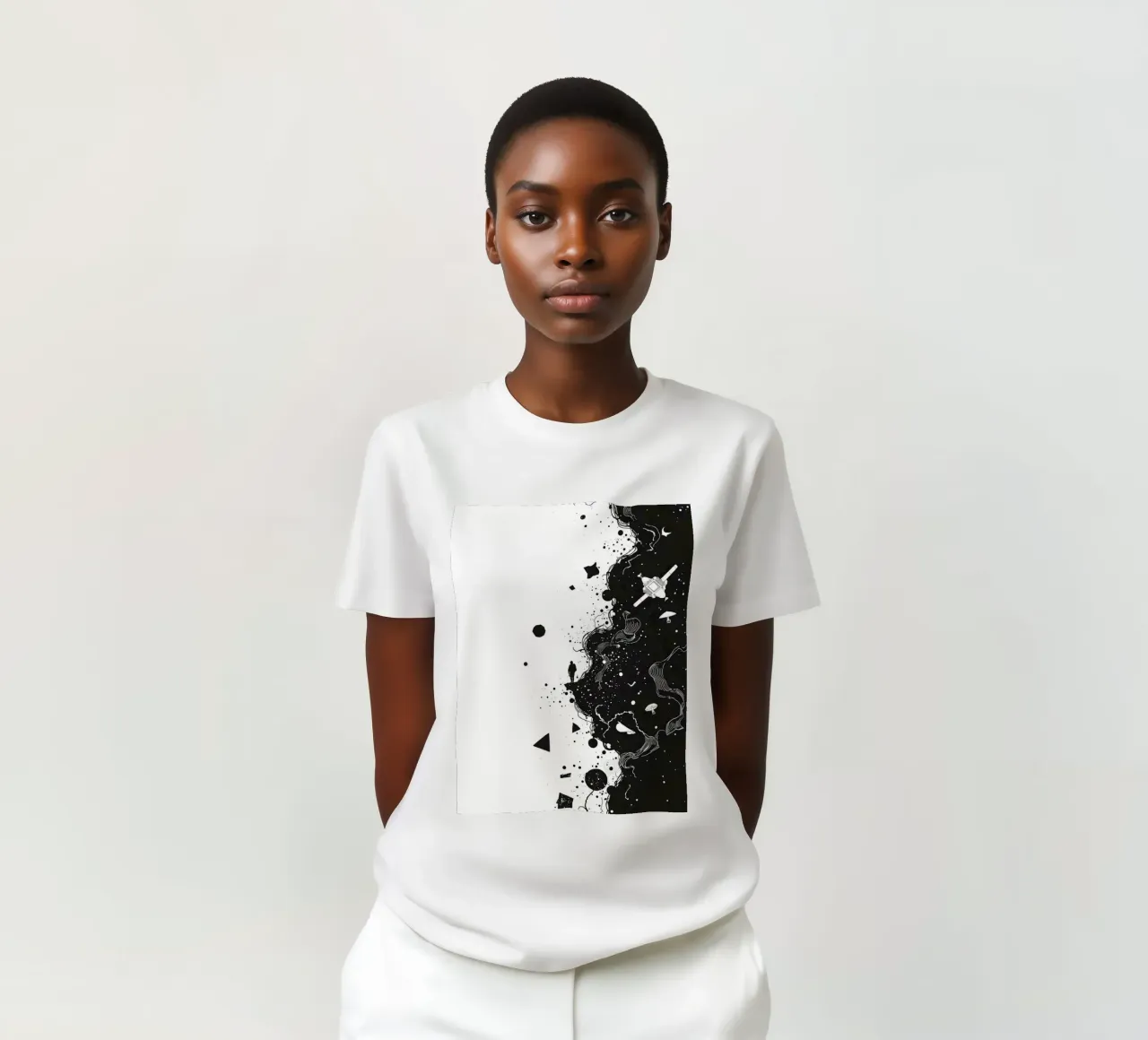 Silhouette on Cliff Edge with Abstract Celestial Forms t-shirt by DesignDoodle