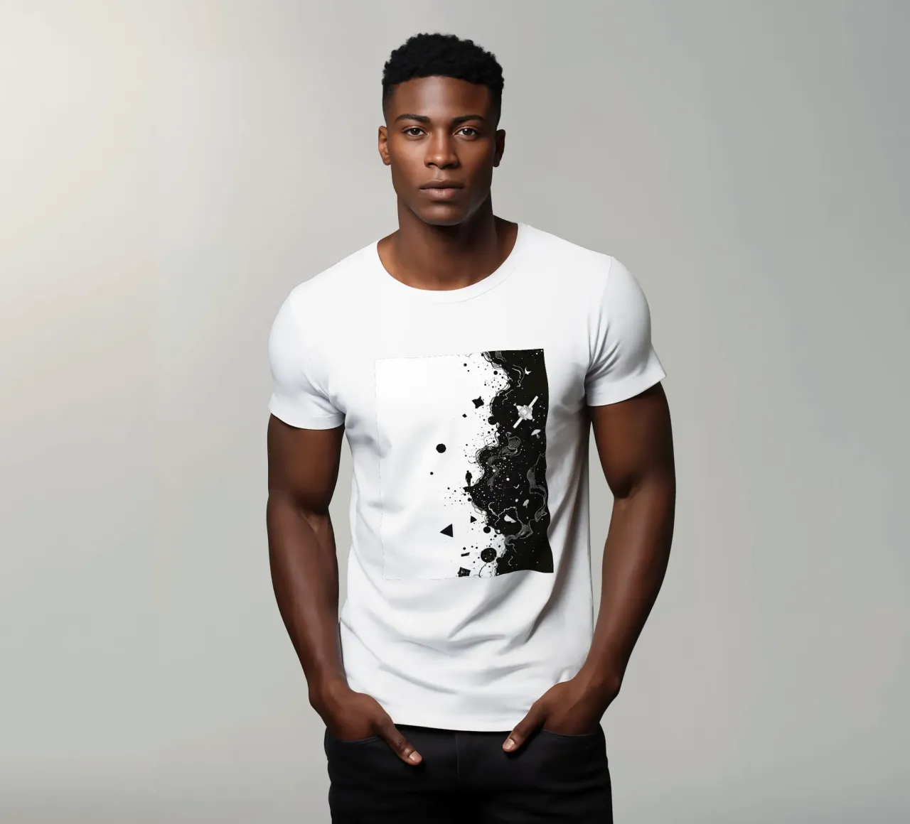 Silhouette on Cliff Edge with Abstract Celestial Forms t-shirt by DesignDoodle