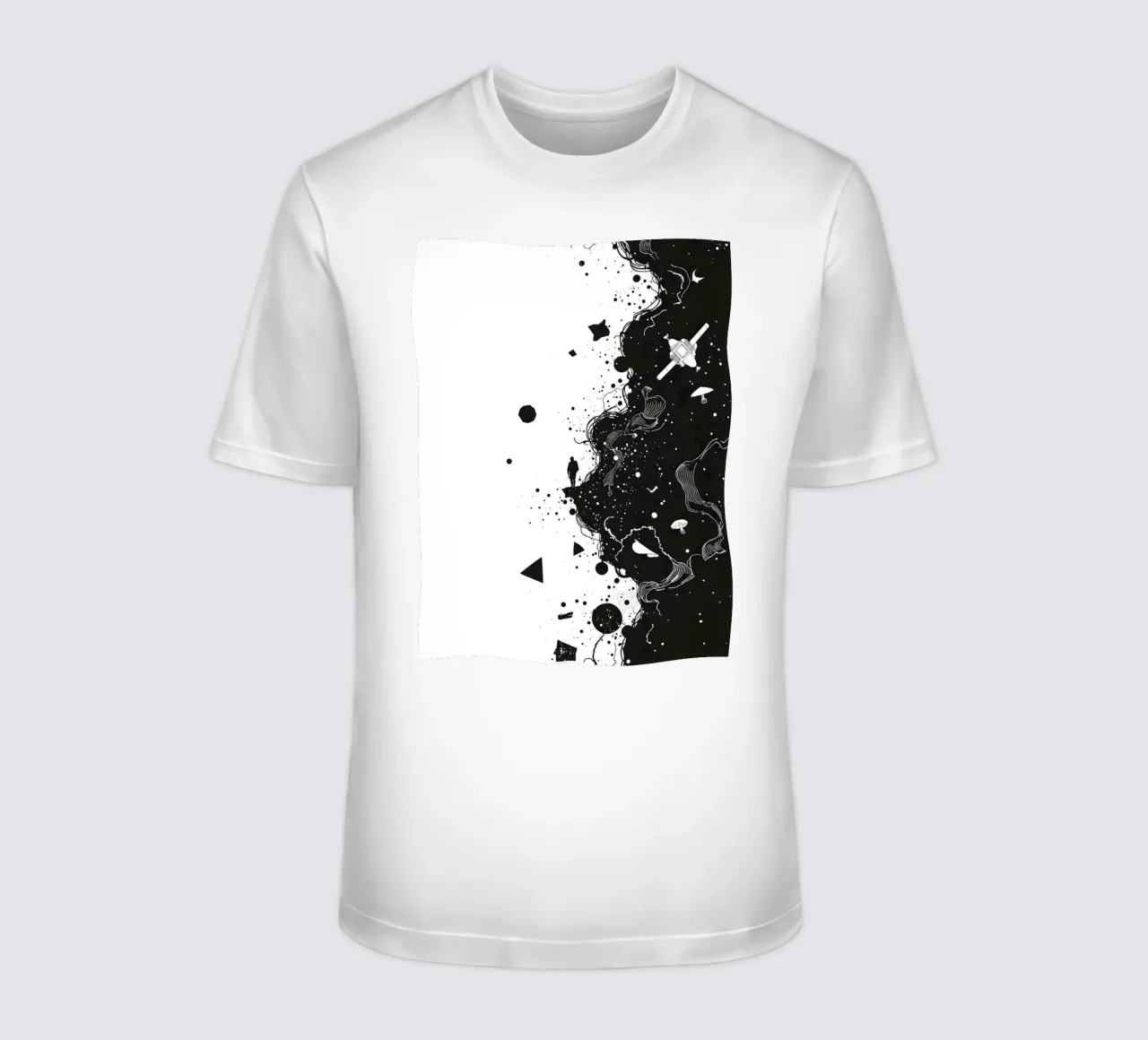 Silhouette on Cliff Edge with Abstract Celestial Forms t-shirt by DesignDoodle
