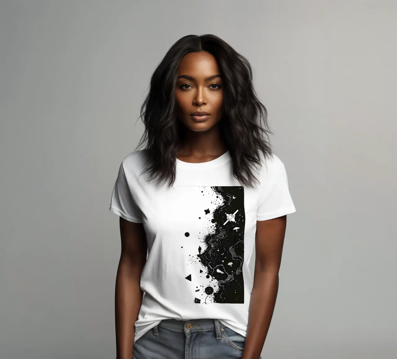 Silhouette on Cliff Edge with Abstract Celestial Forms women's fitted t-shirt by DesignDoodle