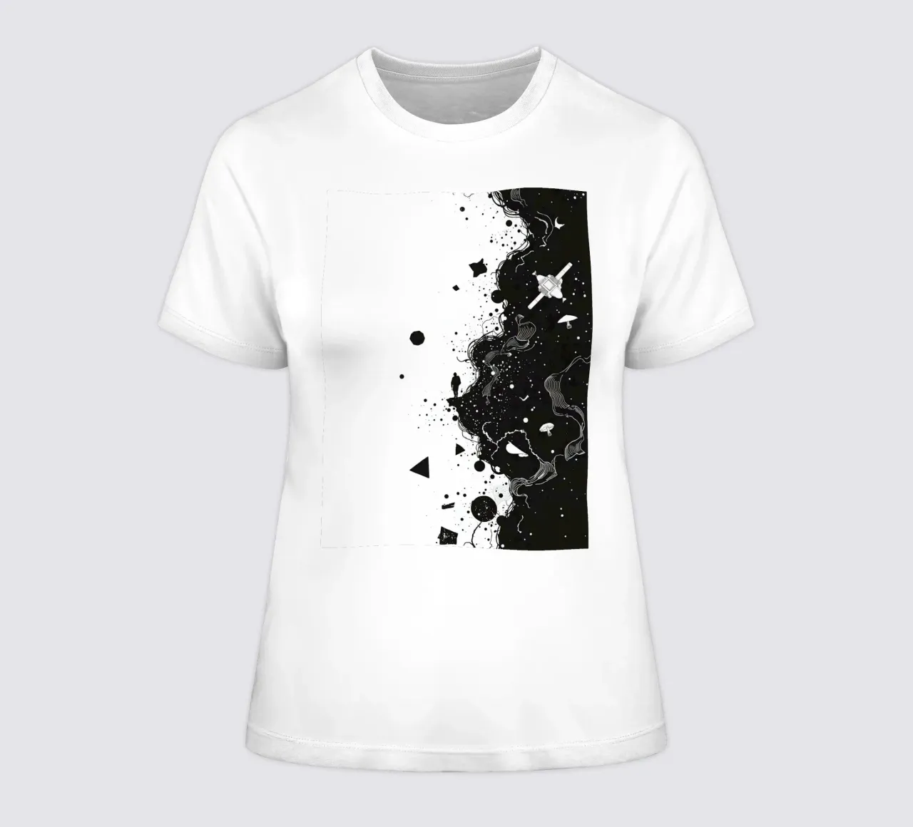 Silhouette on Cliff Edge with Abstract Celestial Forms women's fitted t-shirt by DesignDoodle
