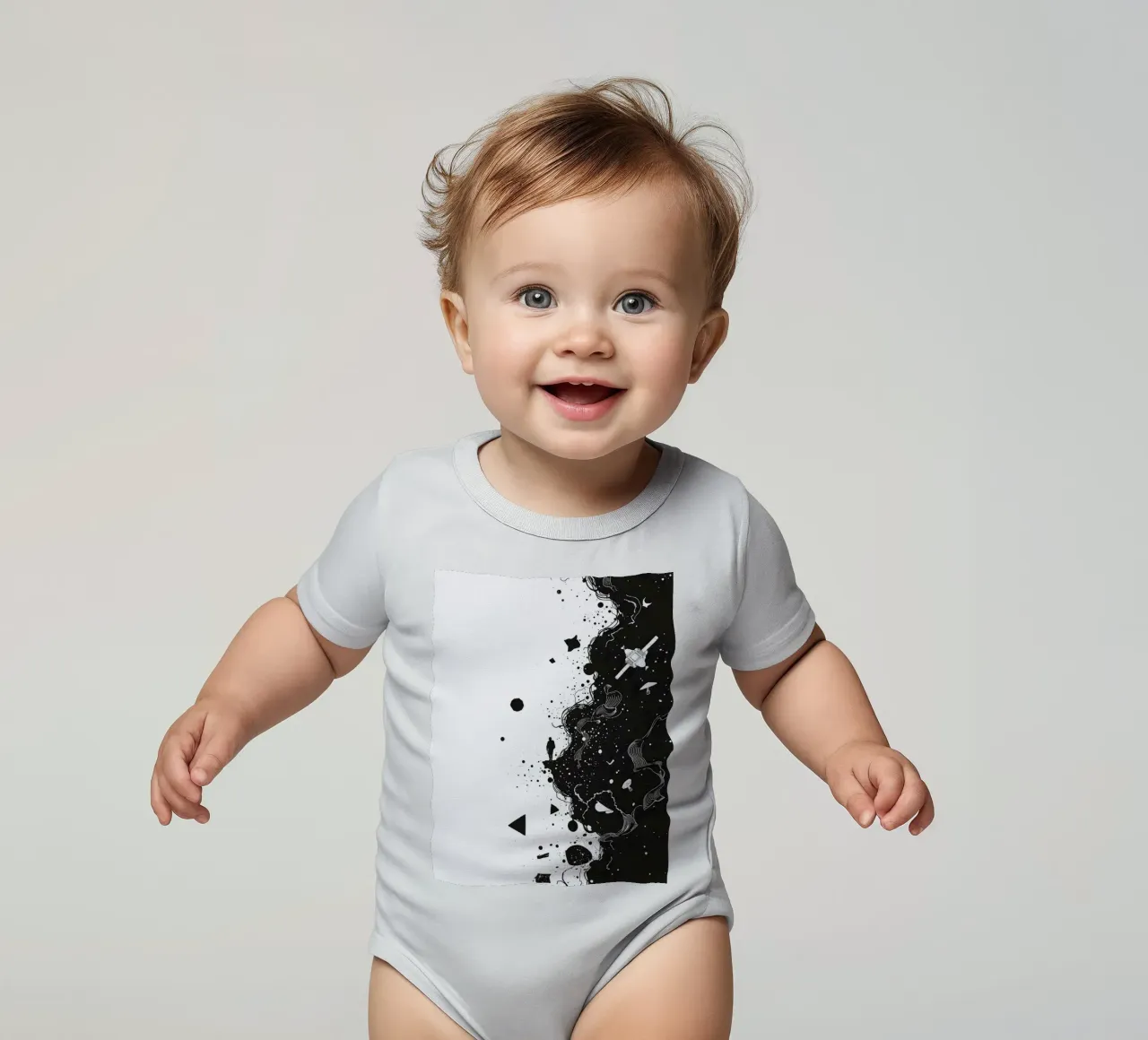Silhouette on Cliff Edge with Abstract Celestial Forms short-sleeve baby romper by DesignDoodle