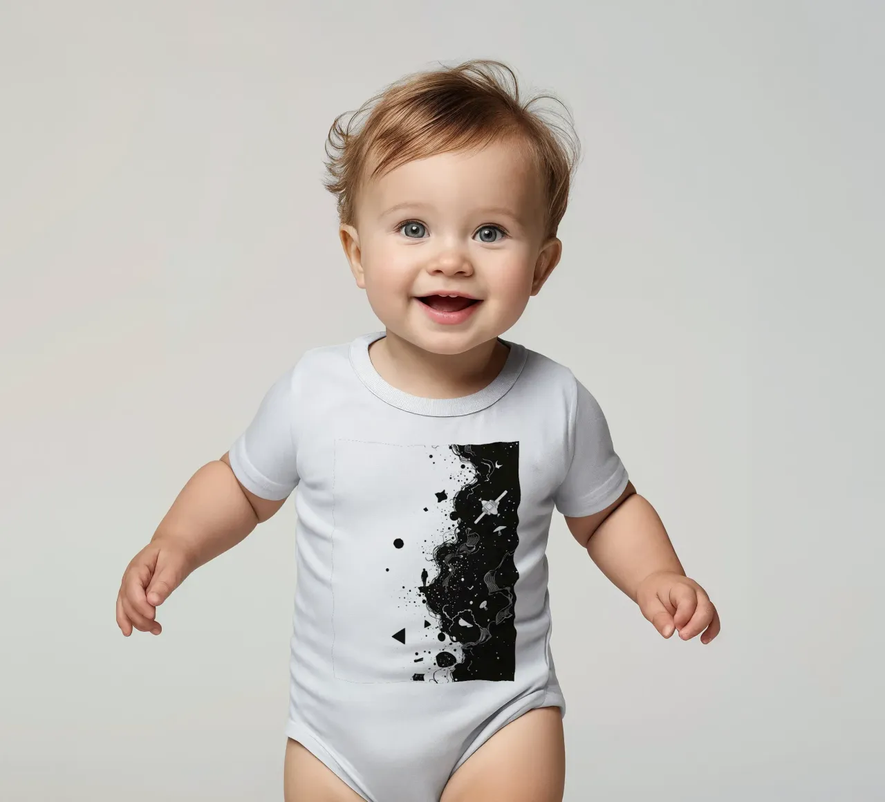 Silhouette on Cliff Edge with Abstract Celestial Forms short-sleeve baby romper by DesignDoodle