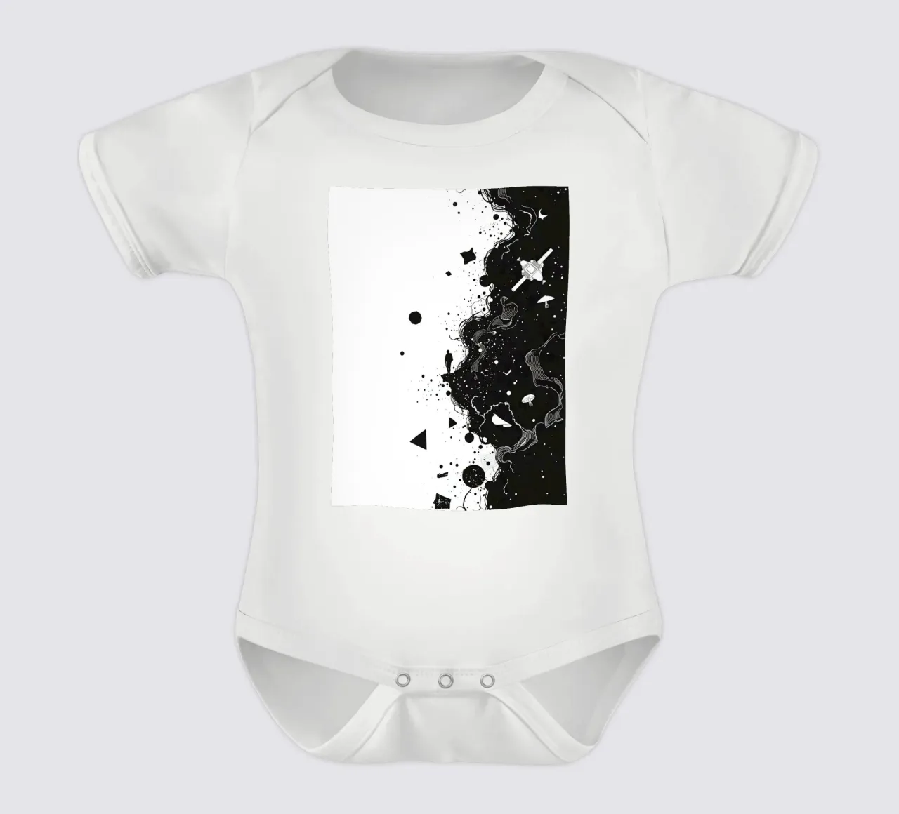 Silhouette on Cliff Edge with Abstract Celestial Forms short-sleeve baby romper by DesignDoodle