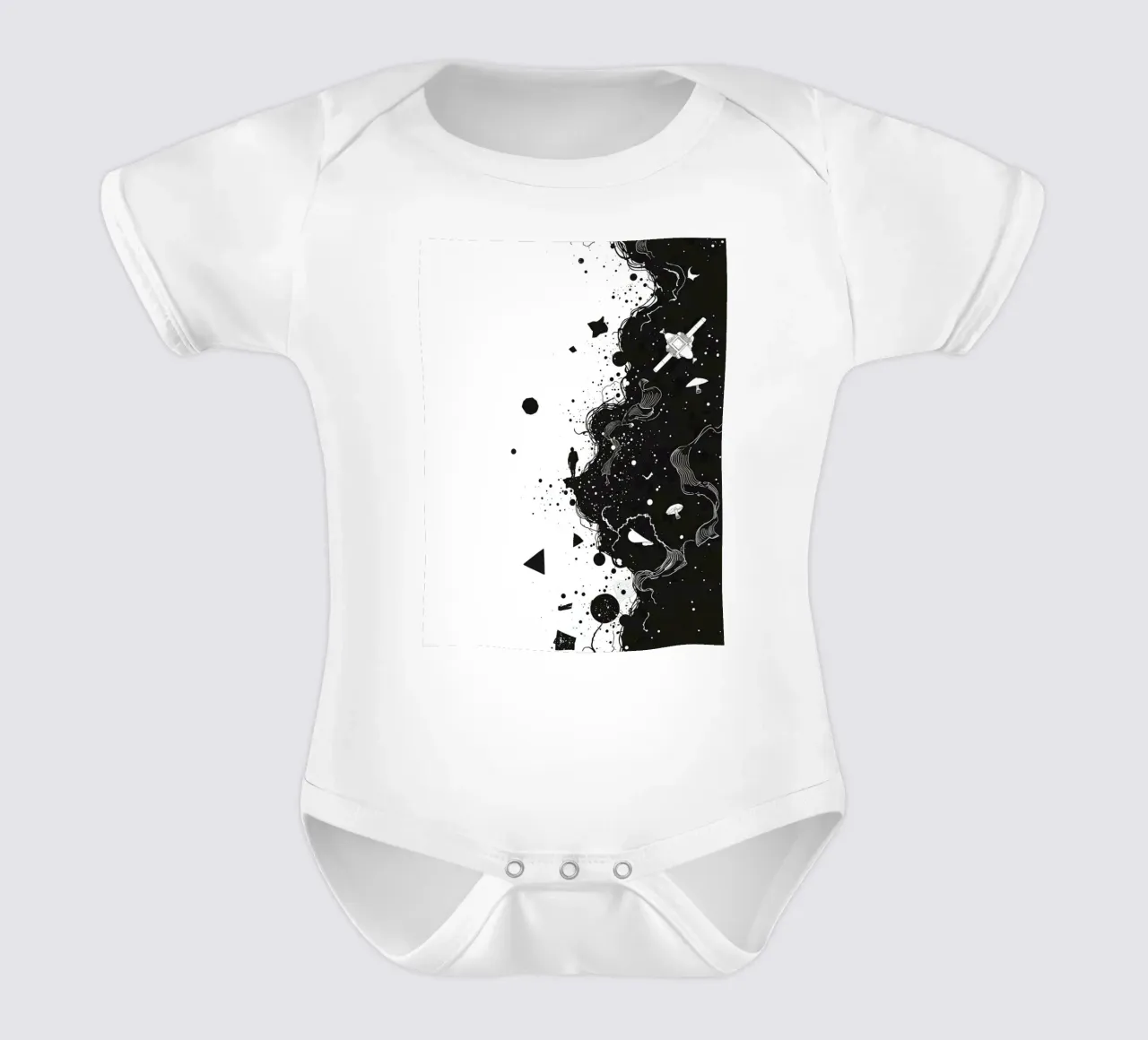 Silhouette on Cliff Edge with Abstract Celestial Forms short-sleeve baby romper by DesignDoodle