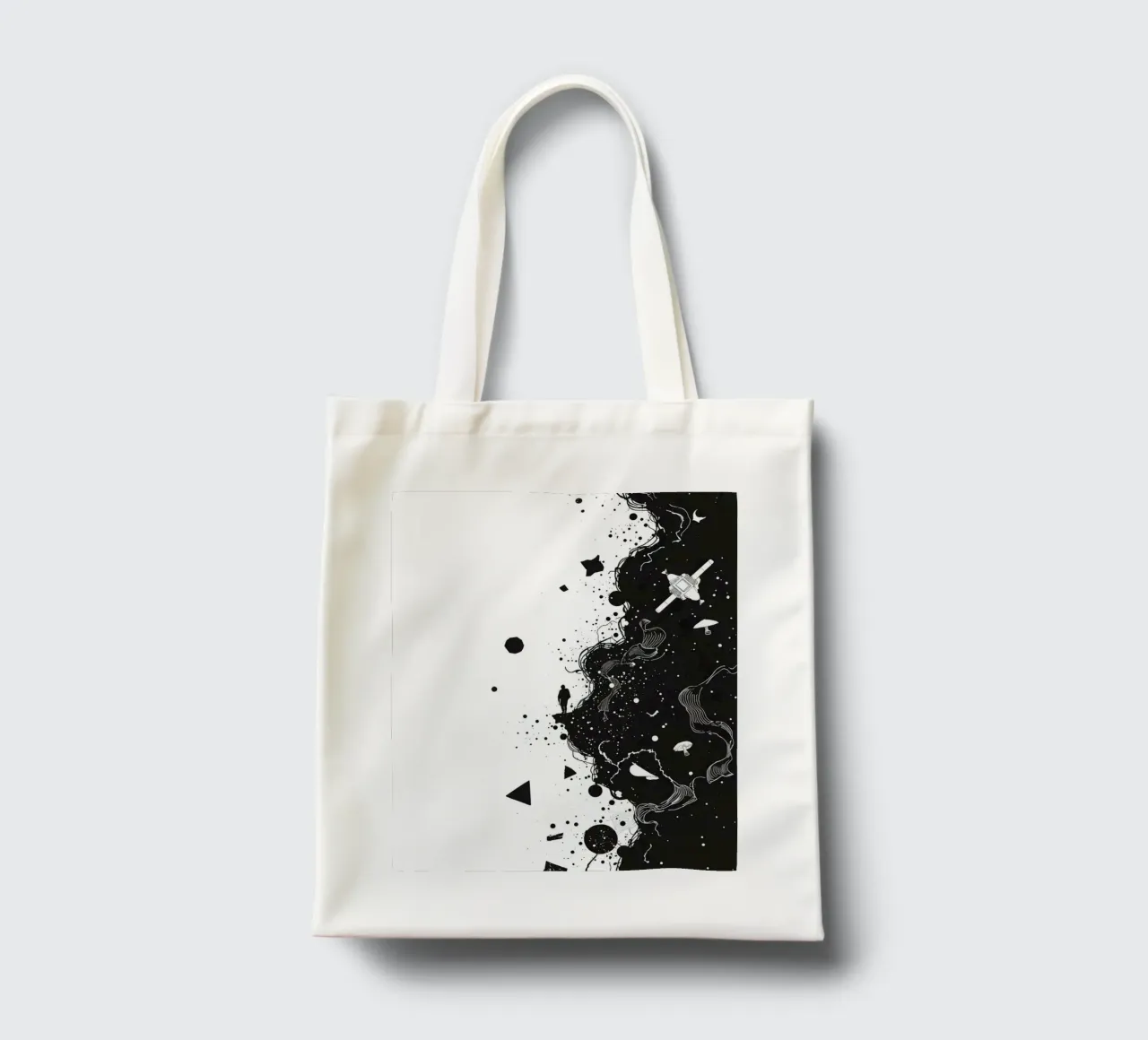 Silhouette on Cliff Edge with Abstract Celestial Forms tote bag by DesignDoodle