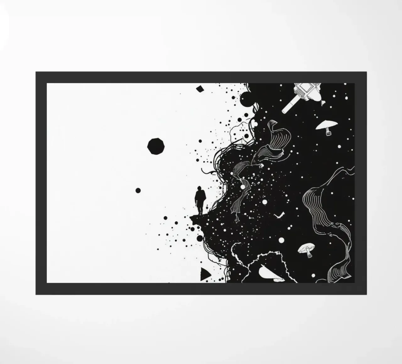 Silhouette on Cliff Edge with Abstract Celestial Forms doormat by DesignDoodle