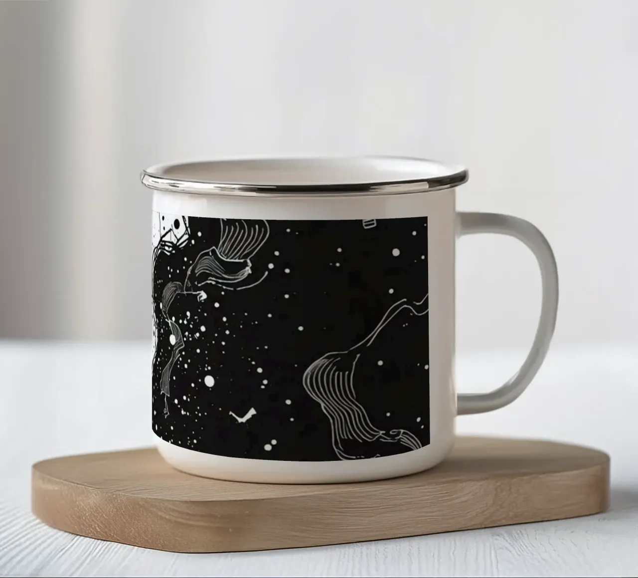 Silhouette on Cliff Edge with Abstract Celestial Forms enamel mug by DesignDoodle