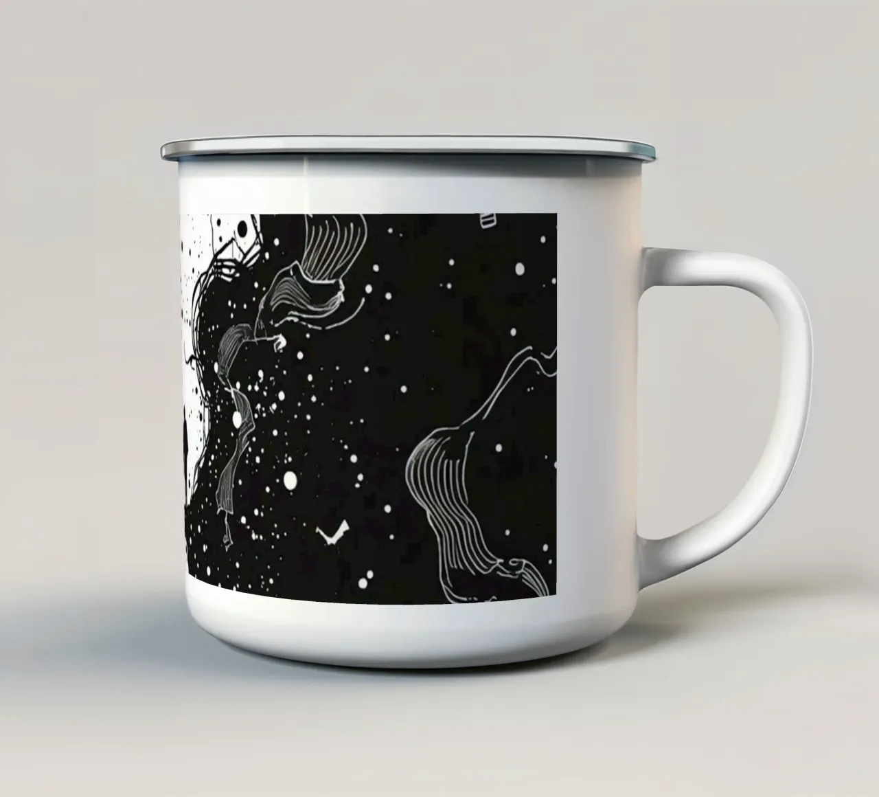 Silhouette on Cliff Edge with Abstract Celestial Forms enamel mug by DesignDoodle