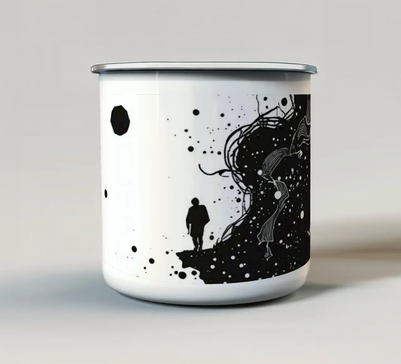 Silhouette on Cliff Edge with Abstract Celestial Forms enamel mug by DesignDoodle