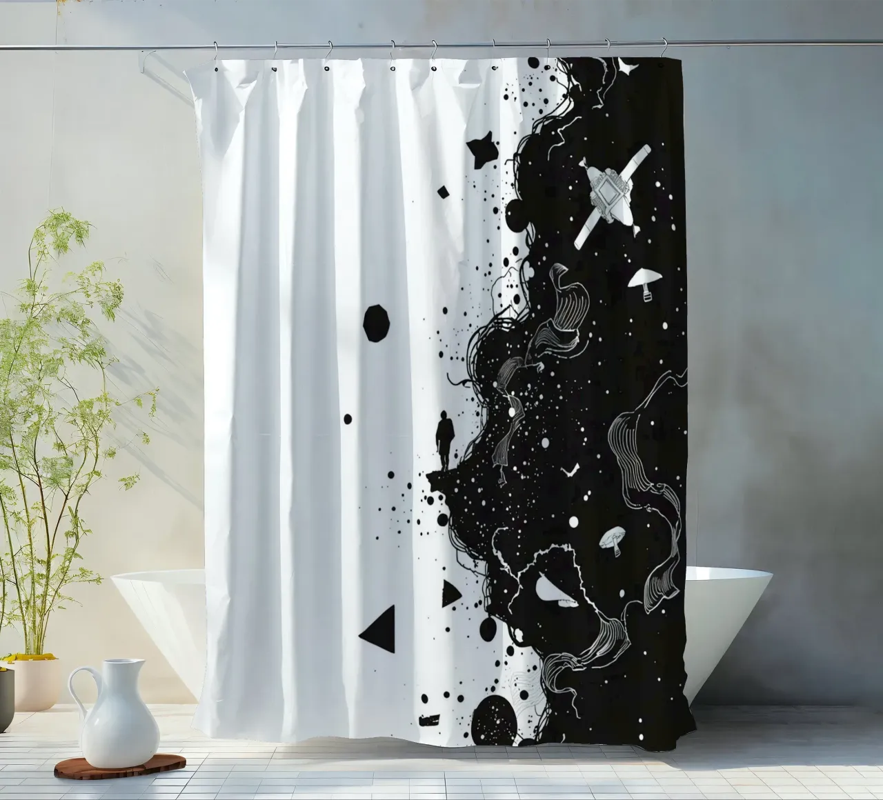 Silhouette on Cliff Edge with Abstract Celestial Forms shower curtain by DesignDoodle