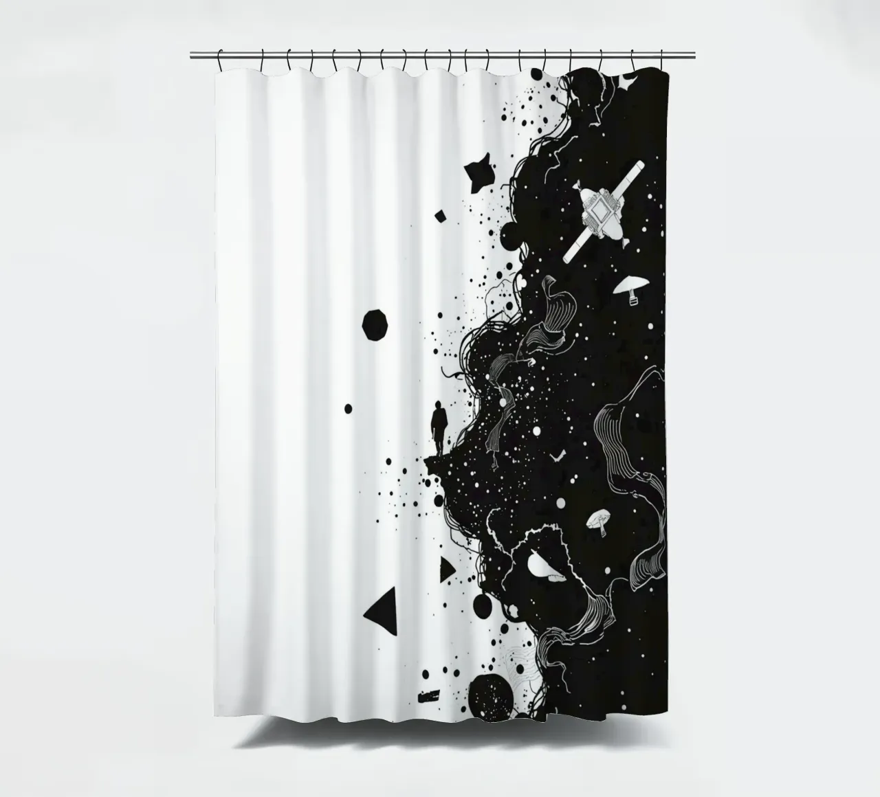 Silhouette on Cliff Edge with Abstract Celestial Forms shower curtain by DesignDoodle