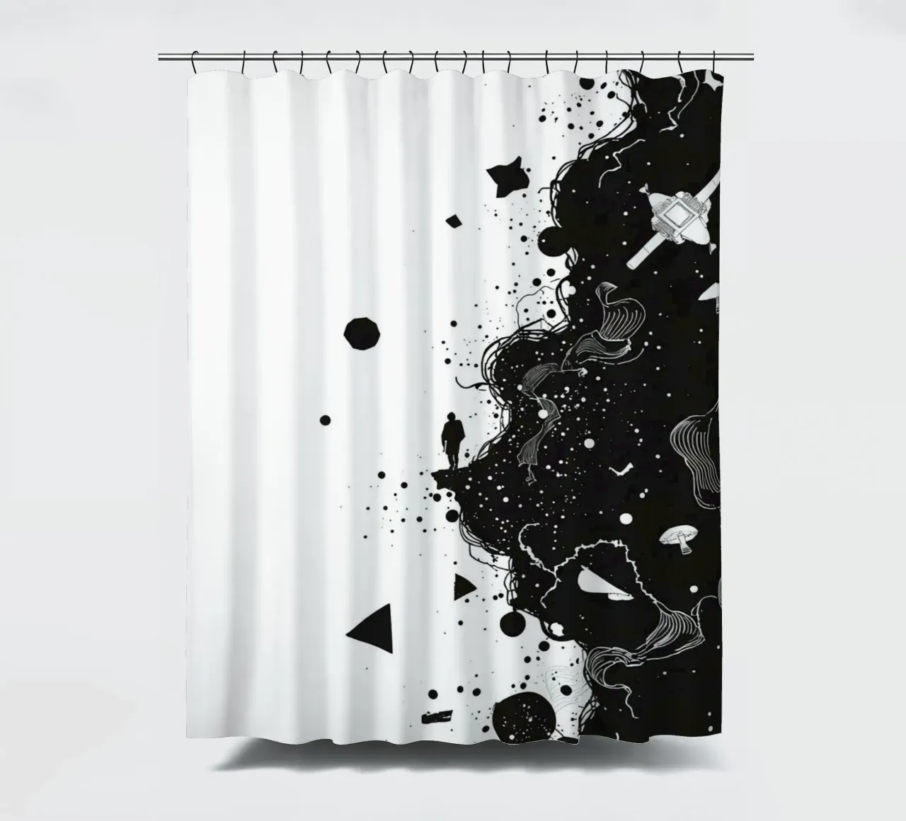 Silhouette on Cliff Edge with Abstract Celestial Forms shower curtain by DesignDoodle