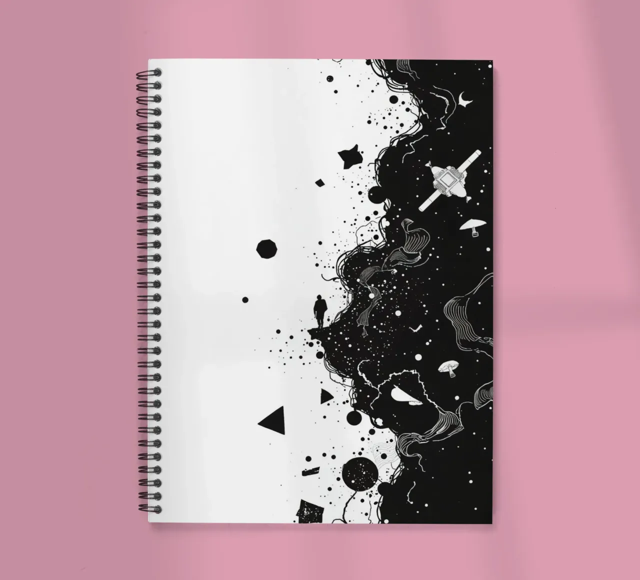 Silhouette on Cliff Edge with Abstract Celestial Forms spiral notebook by DesignDoodle