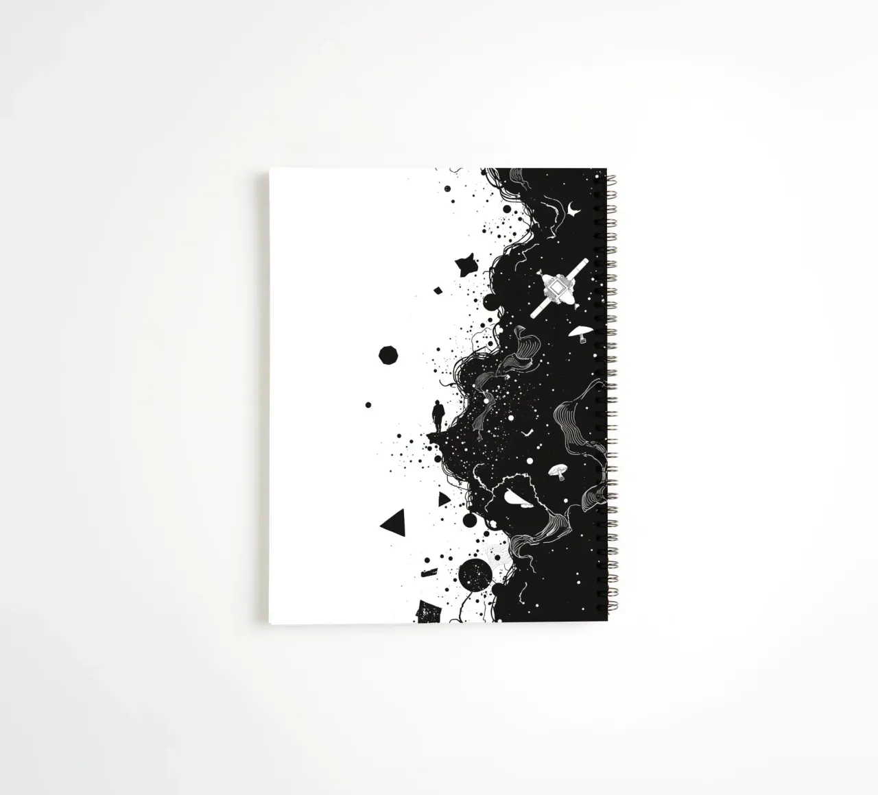 Silhouette on Cliff Edge with Abstract Celestial Forms spiral notebook by DesignDoodle