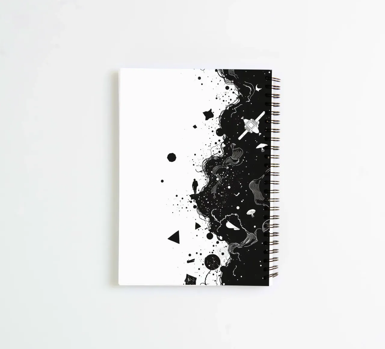 Silhouette on Cliff Edge with Abstract Celestial Forms spiral notebook by DesignDoodle