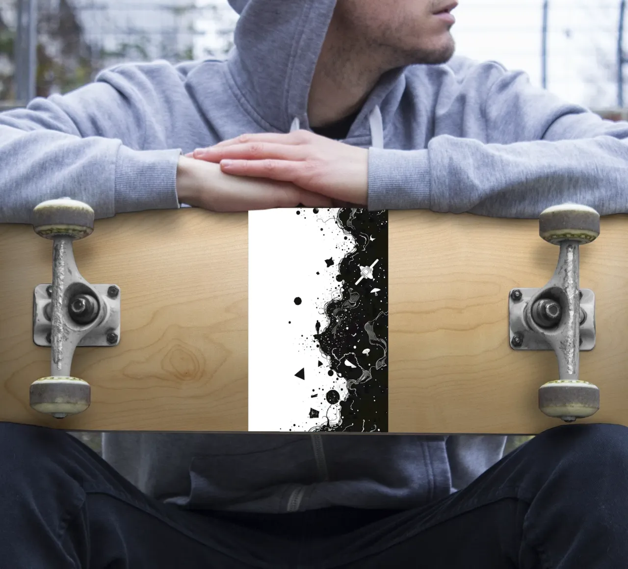 Silhouette auf Klippe Rand mit abstrakten himmlischen Formen Sticker von DesignDoodle