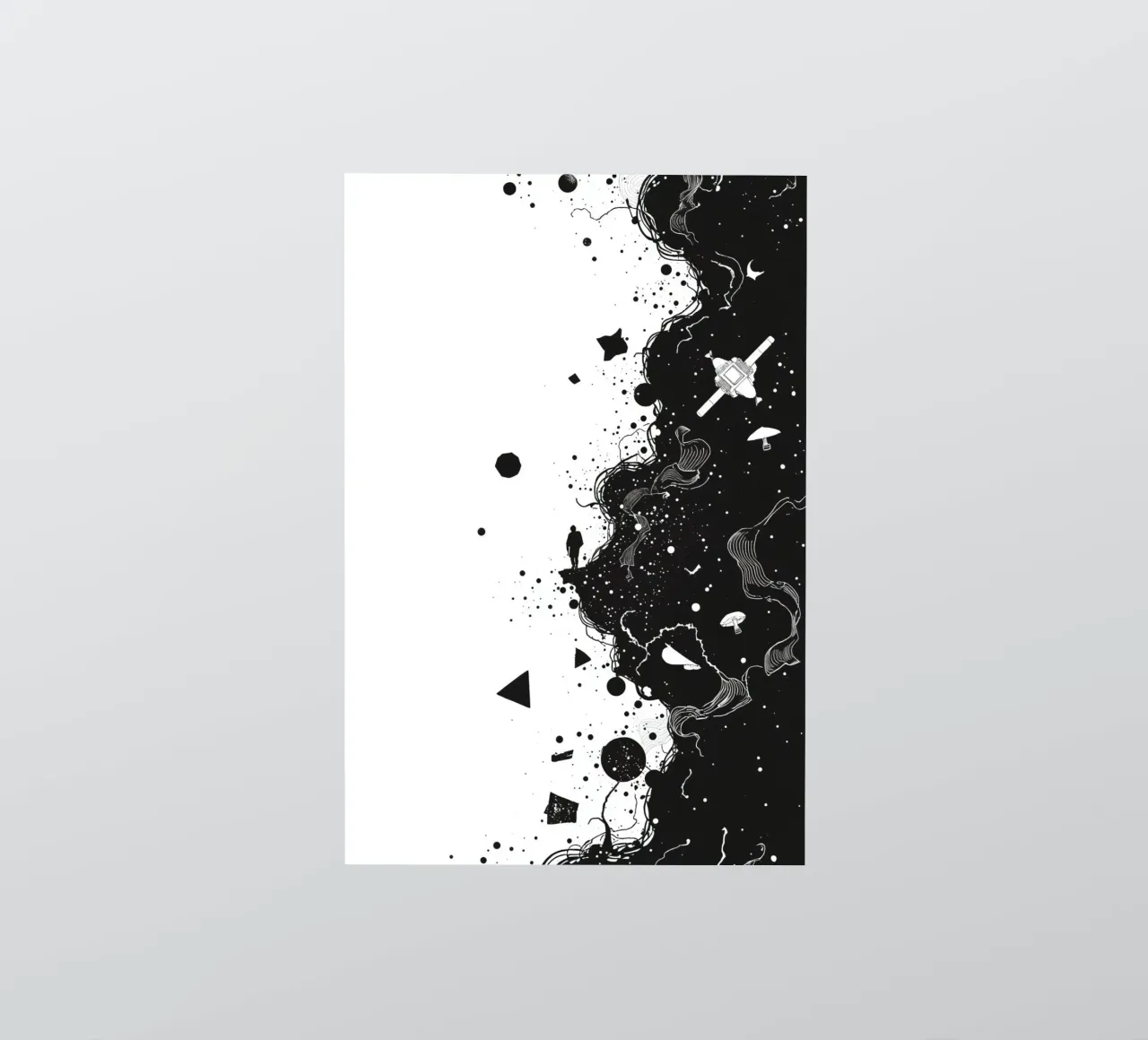Silhouette on Cliff Edge with Abstract Celestial Forms sticker by DesignDoodle