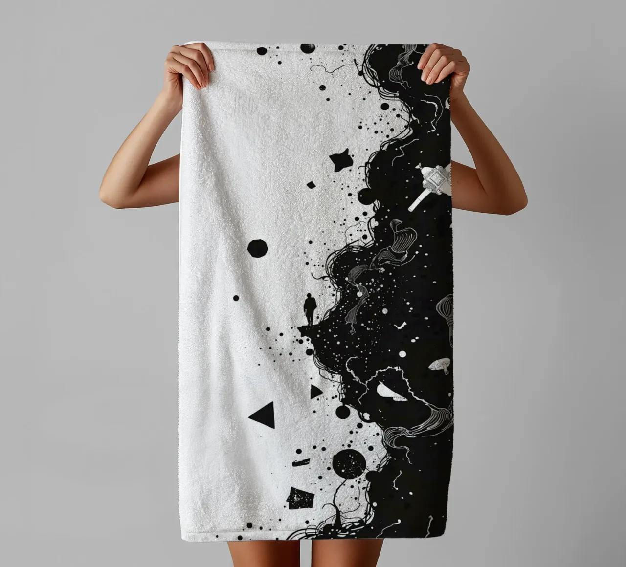 Silhouette on Cliff Edge with Abstract Celestial Forms towel by DesignDoodle