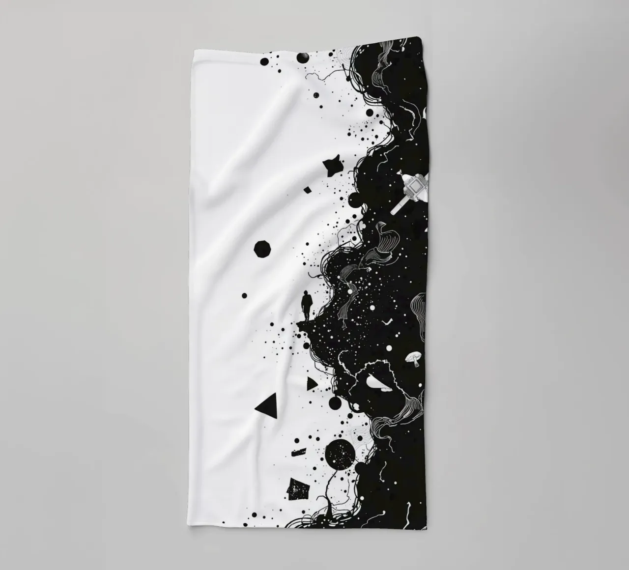 Silhouette on Cliff Edge with Abstract Celestial Forms towel by DesignDoodle