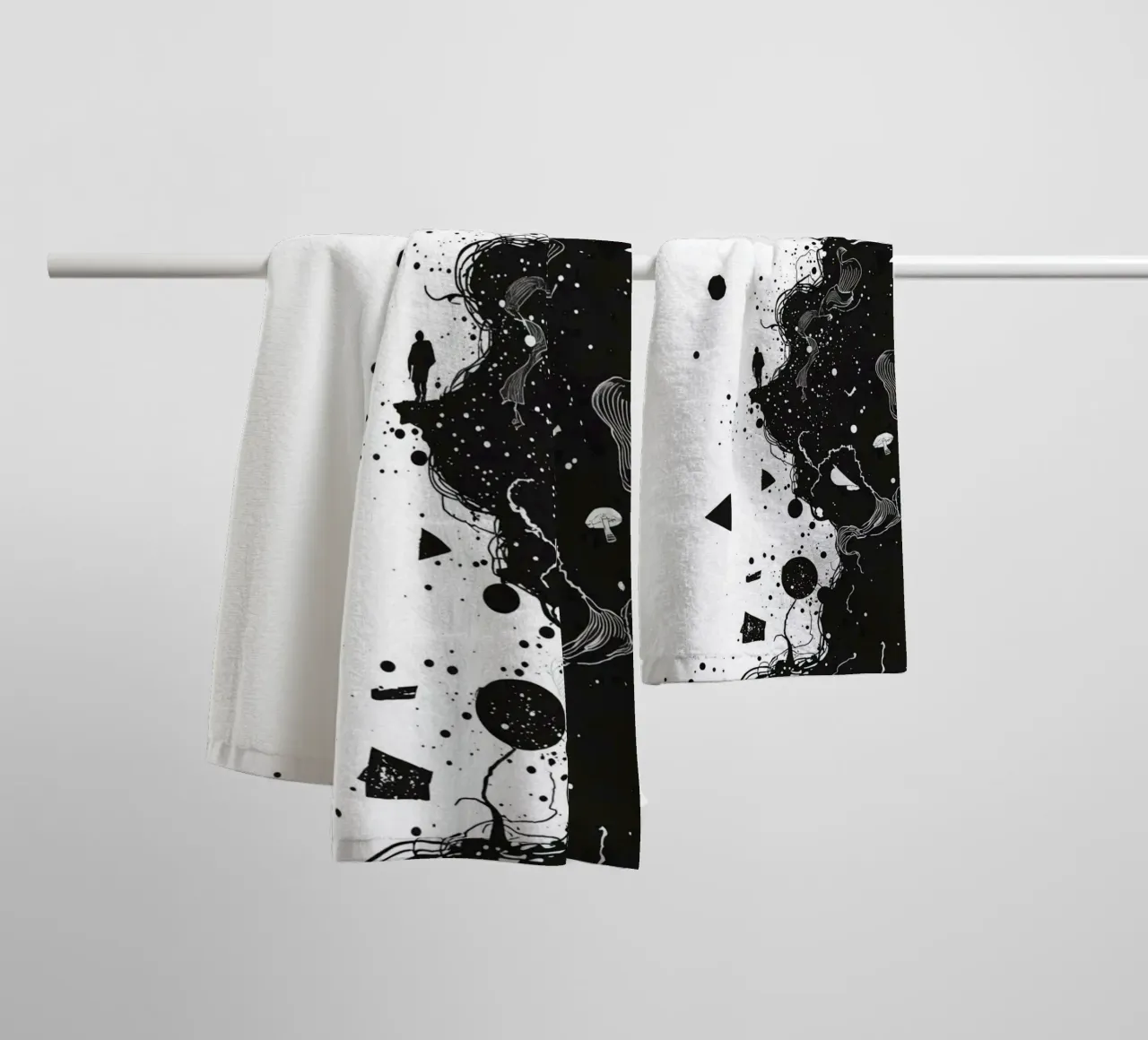 Silhouette on Cliff Edge with Abstract Celestial Forms towel by DesignDoodle