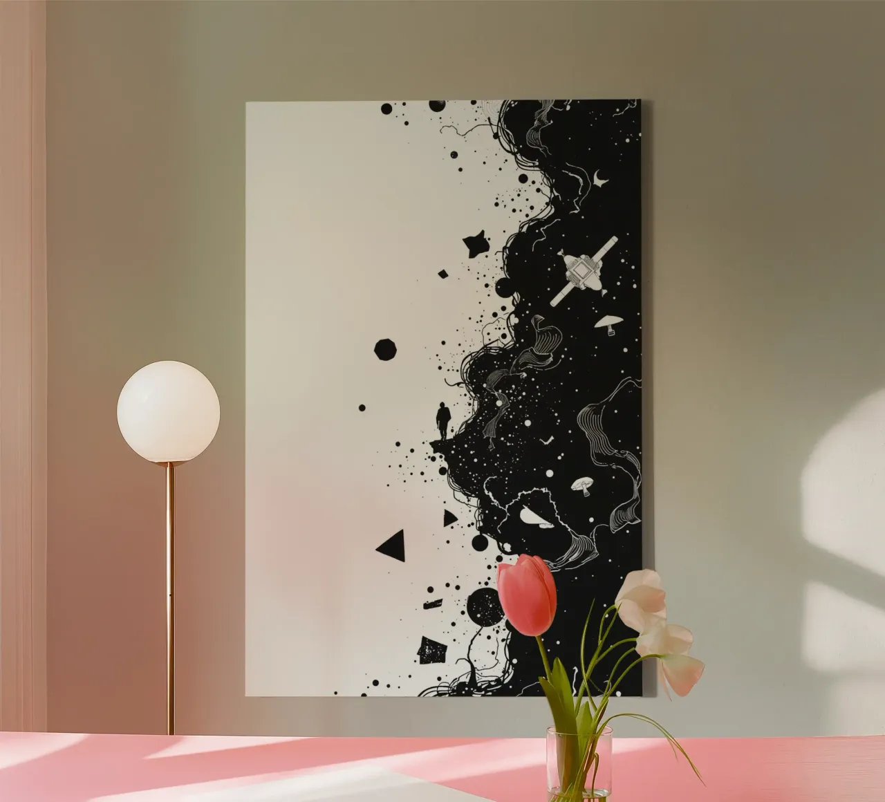 Silhouette on Cliff Edge with Abstract Celestial Forms canvas by DesignDoodle