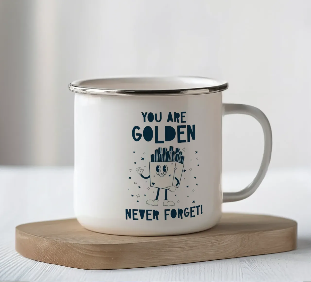 Patatine retrò Personaggio Sei d'Oro Non Dimenticare Mai Blu Bianco tazza in smalto da Studio Frances M