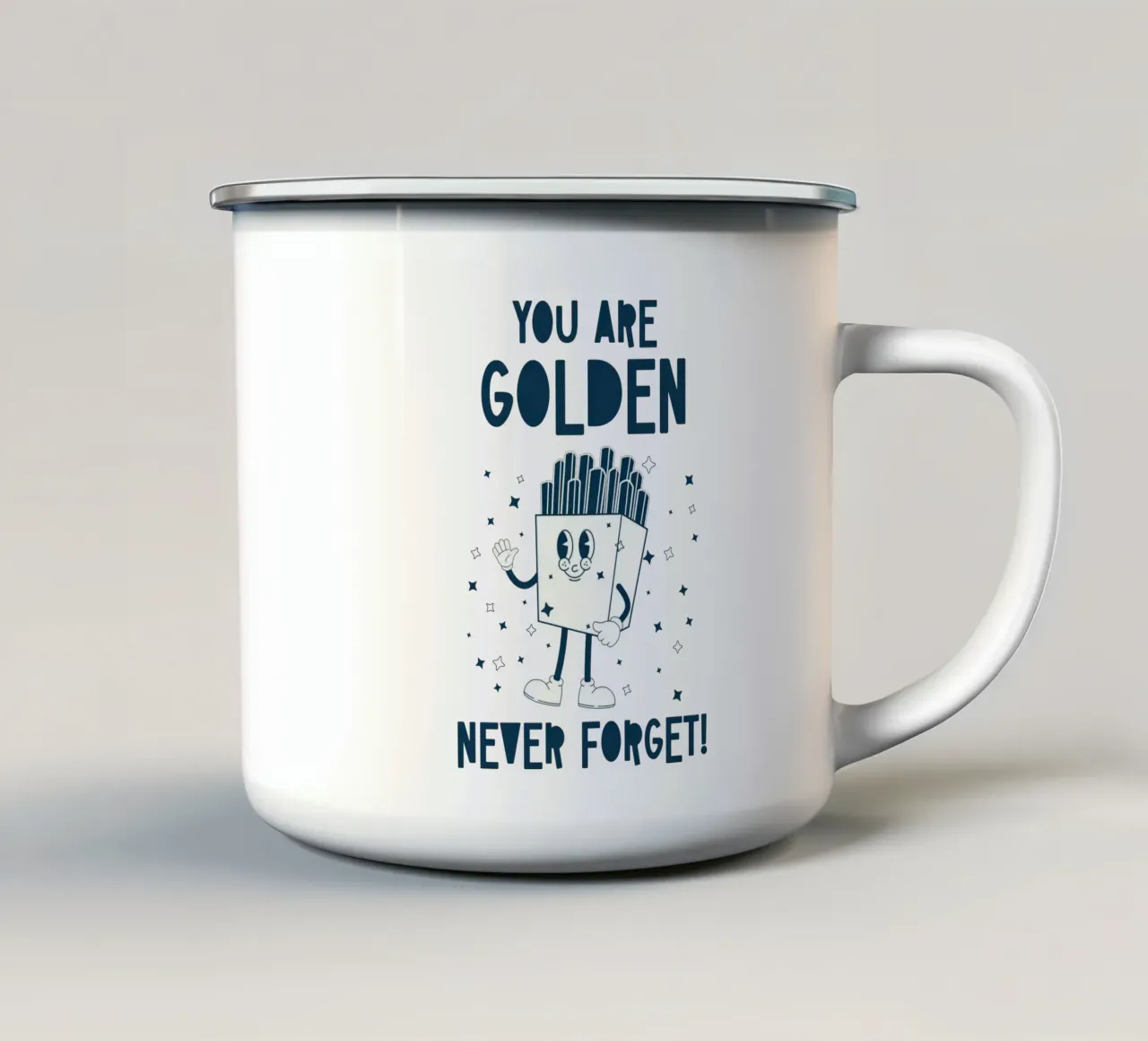 Patatine retrò Personaggio Sei d'Oro Non Dimenticare Mai Blu Bianco tazza in smalto da Studio Frances M