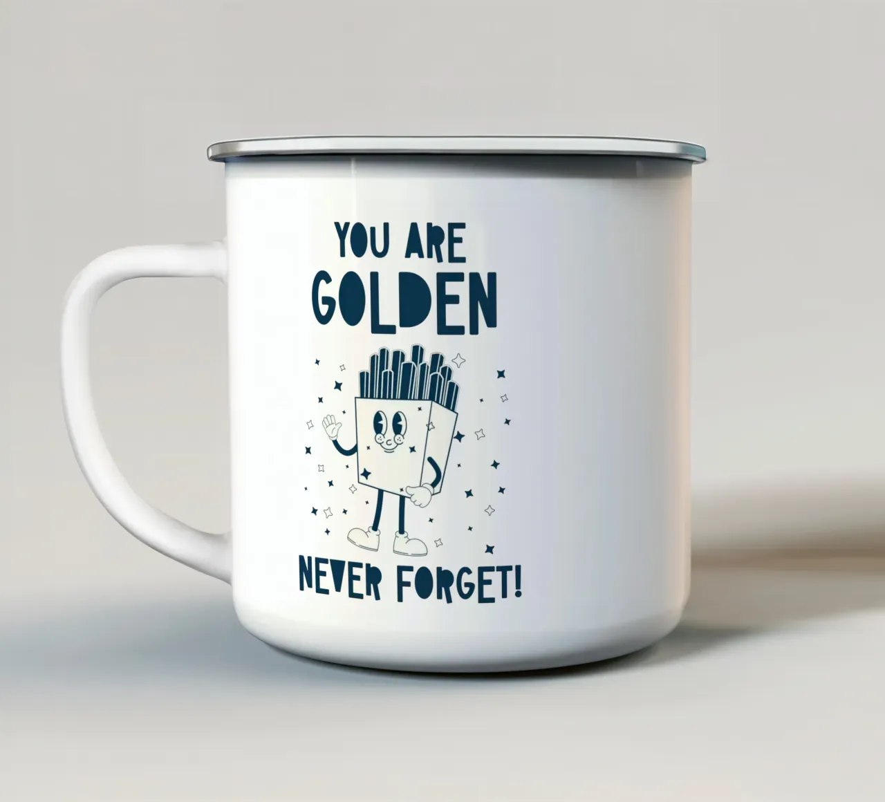 Patatine retrò Personaggio Sei d'Oro Non Dimenticare Mai Blu Bianco tazza in smalto da Studio Frances M