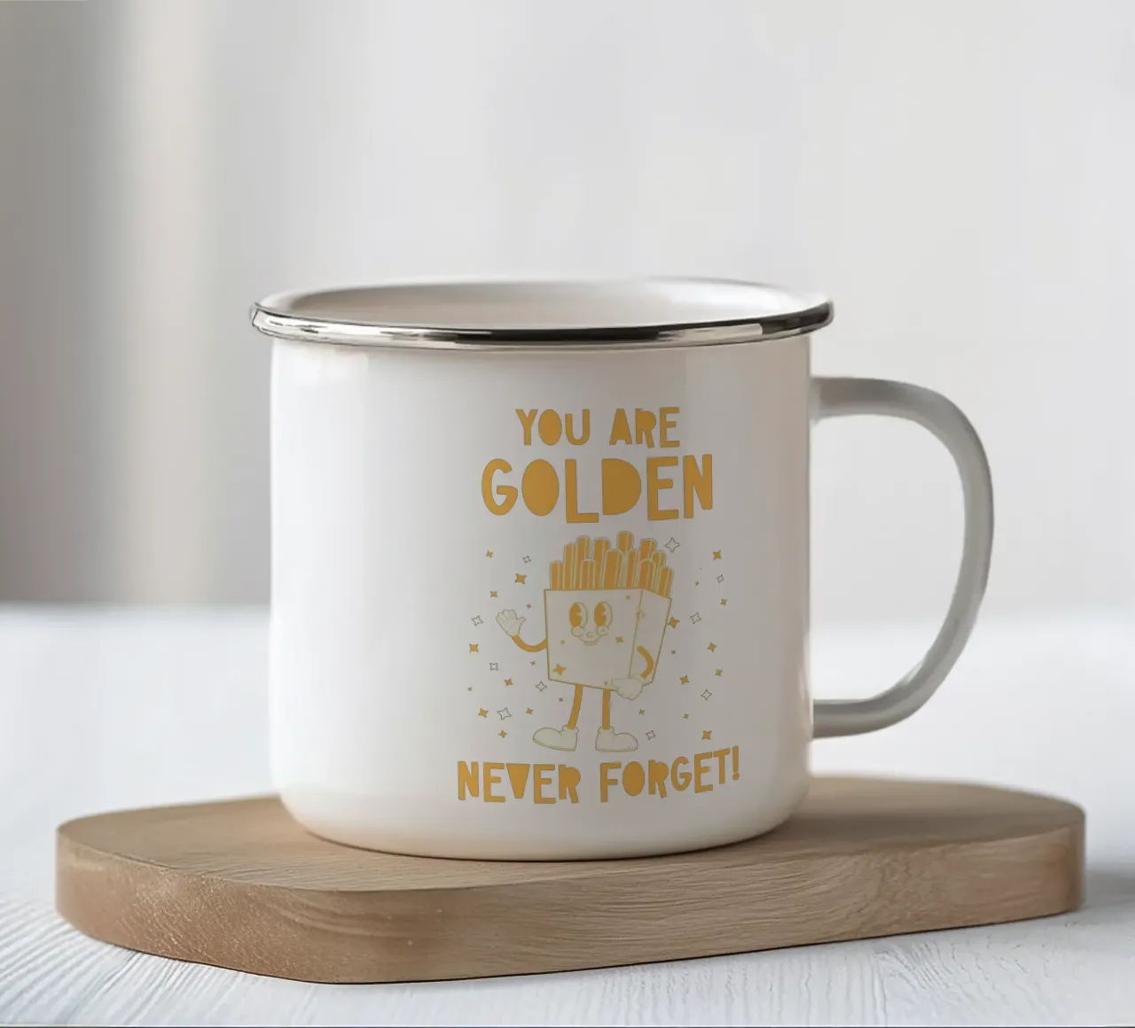 Retro Pommes Caractère You Are Golden Never Forget Jaune Blanc mug en émail de Studio Frances M