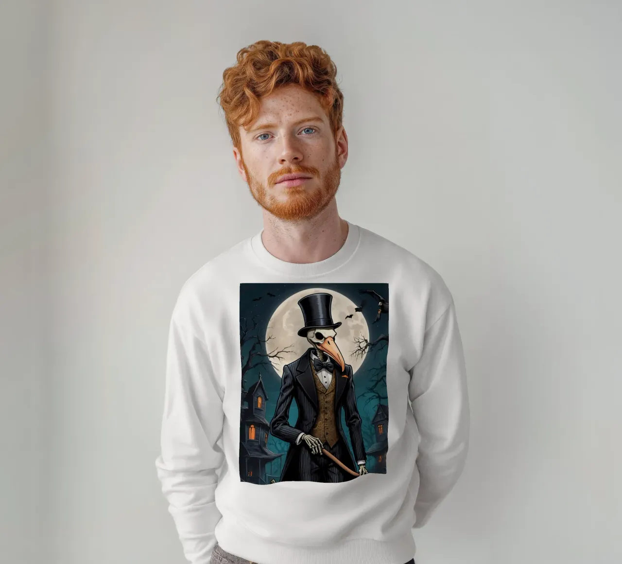 Skelett in formeller Kleidung mit Vogelschnabel Besen Kürbis Sweatshirt von DesignDoodle