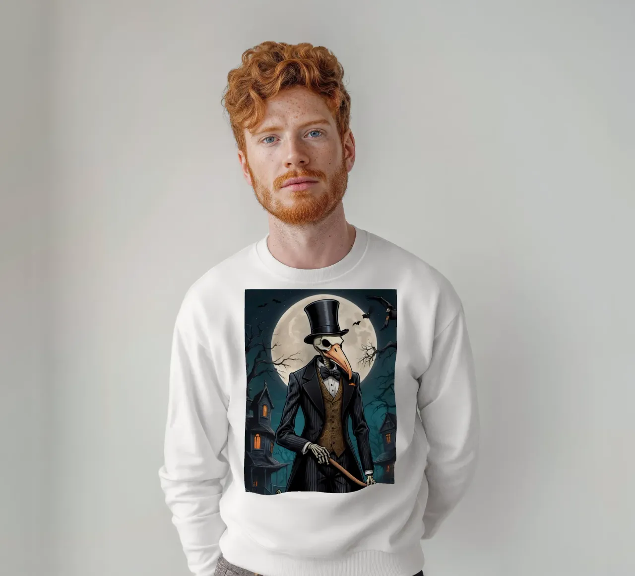 Scheletro in abito da cerimonia con zucca a becco di uccello e scopa felpa da DesignDoodle