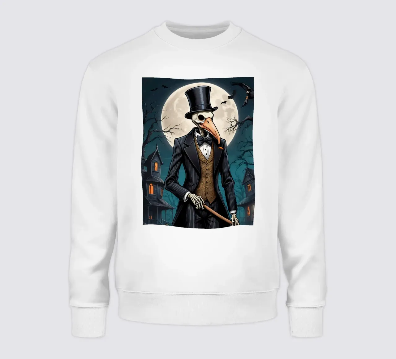 Skelett in formeller Kleidung mit Vogelschnabel Besen Kürbis Sweatshirt von DesignDoodle