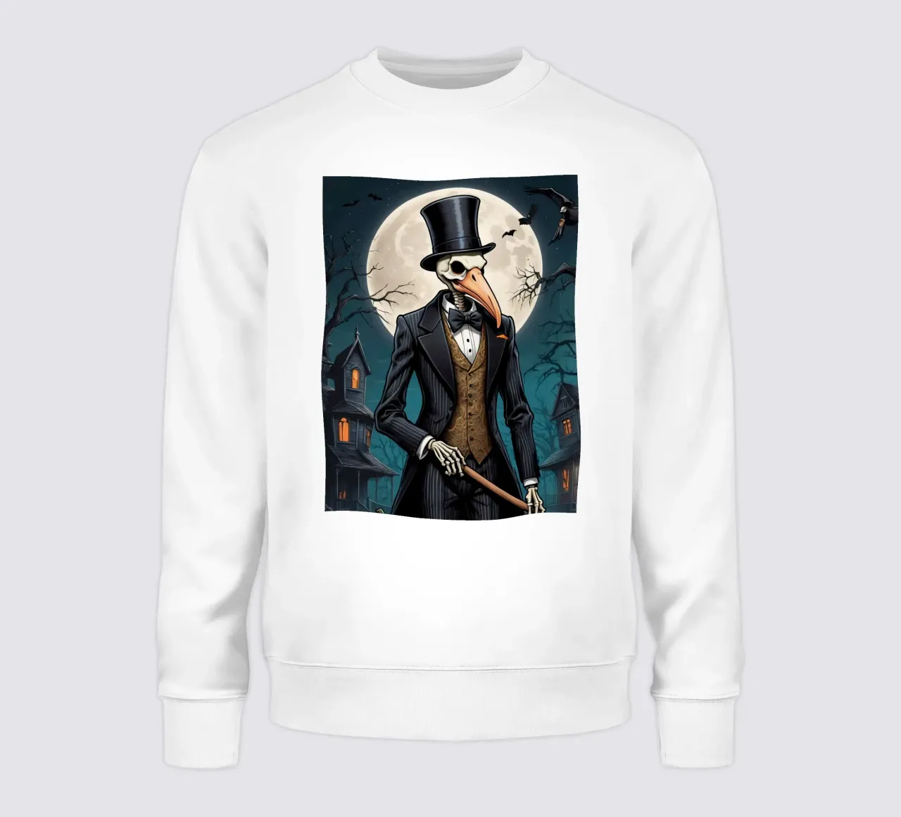 Scheletro in abito da cerimonia con zucca a becco di uccello e scopa felpa da DesignDoodle