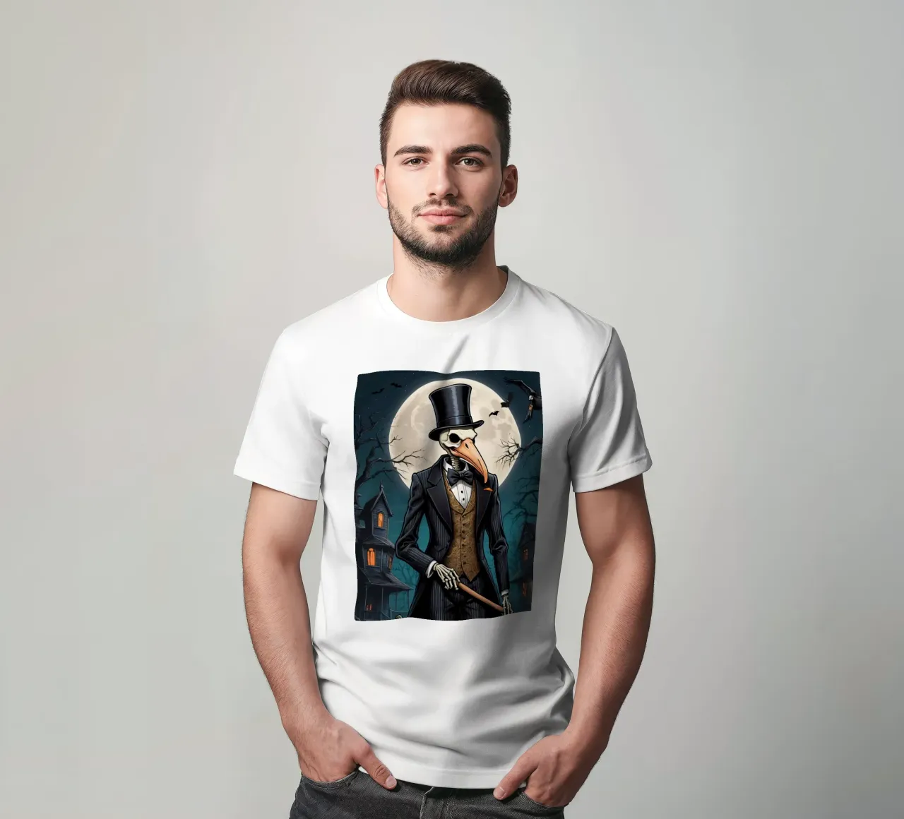 Scheletro in abito da cerimonia con zucca a becco di uccello e scopa t-shirt da DesignDoodle