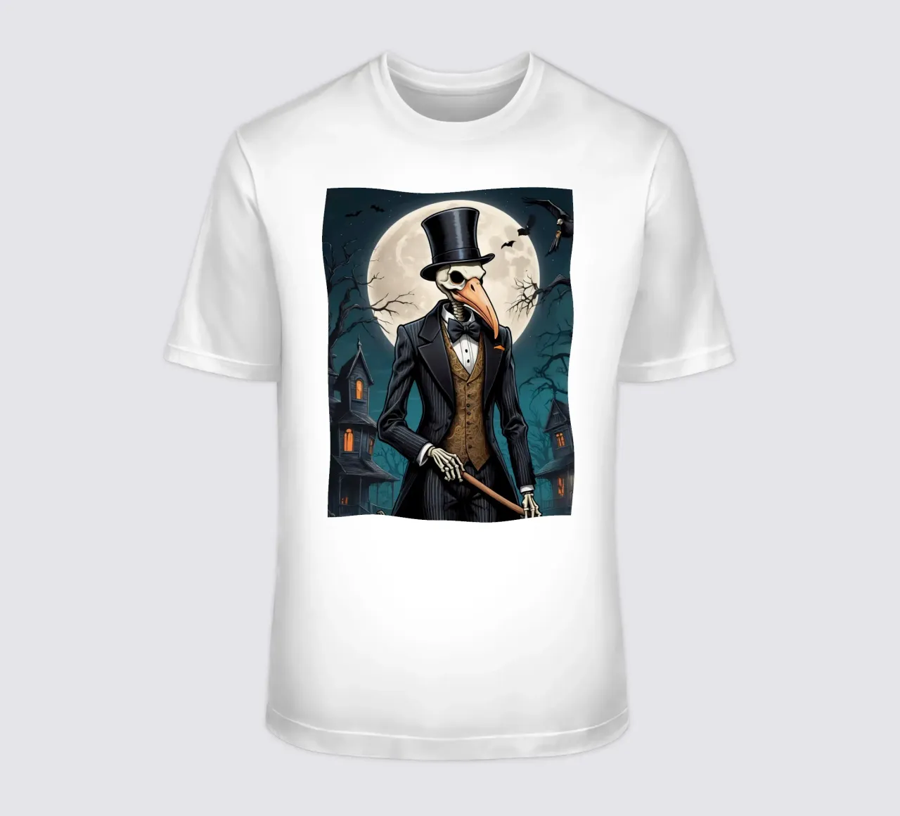 Scheletro in abito da cerimonia con zucca a becco di uccello e scopa t-shirt da DesignDoodle
