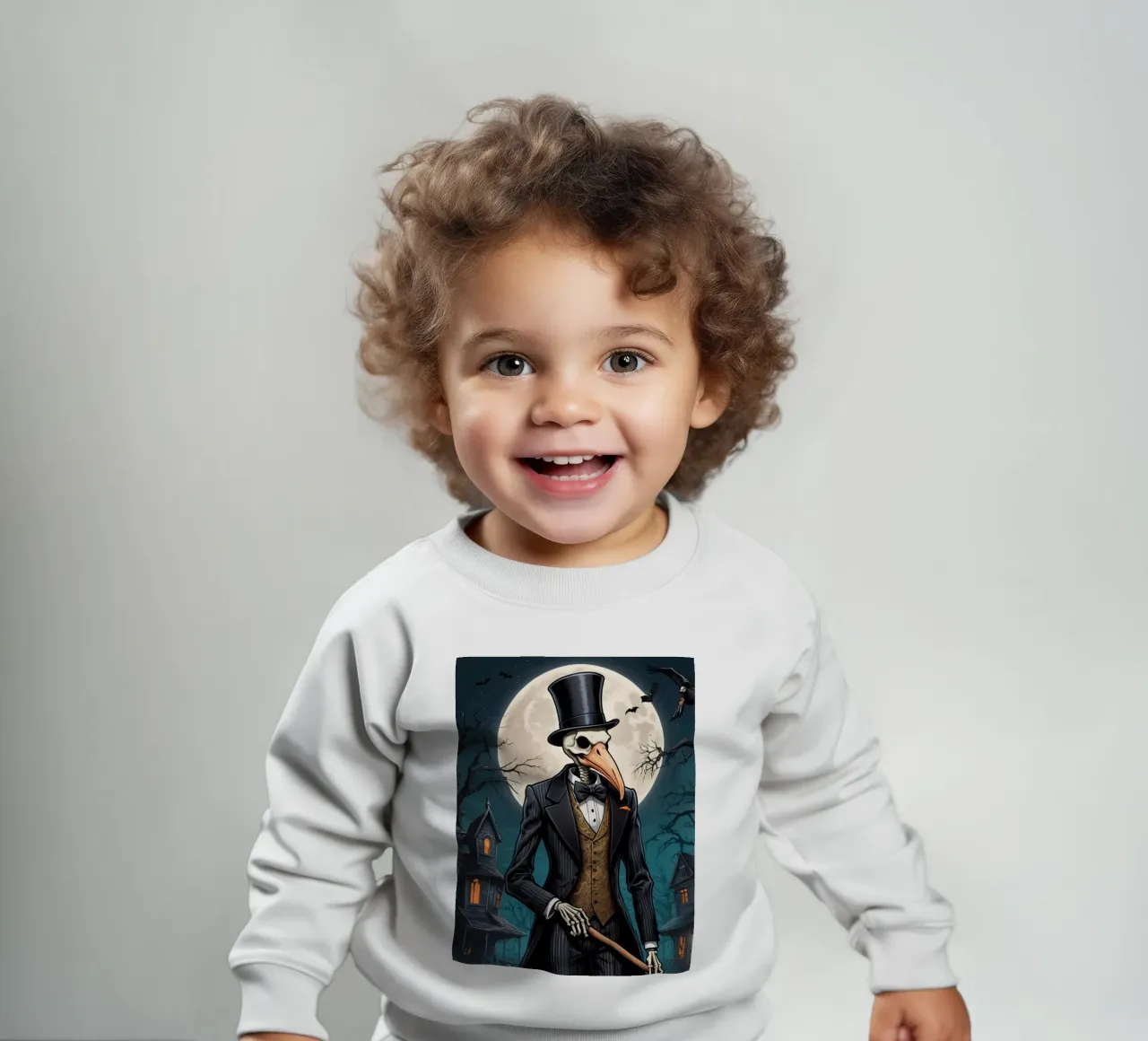 Scheletro in abito da cerimonia con zucca a becco di uccello e scopa felpa neonato da DesignDoodle