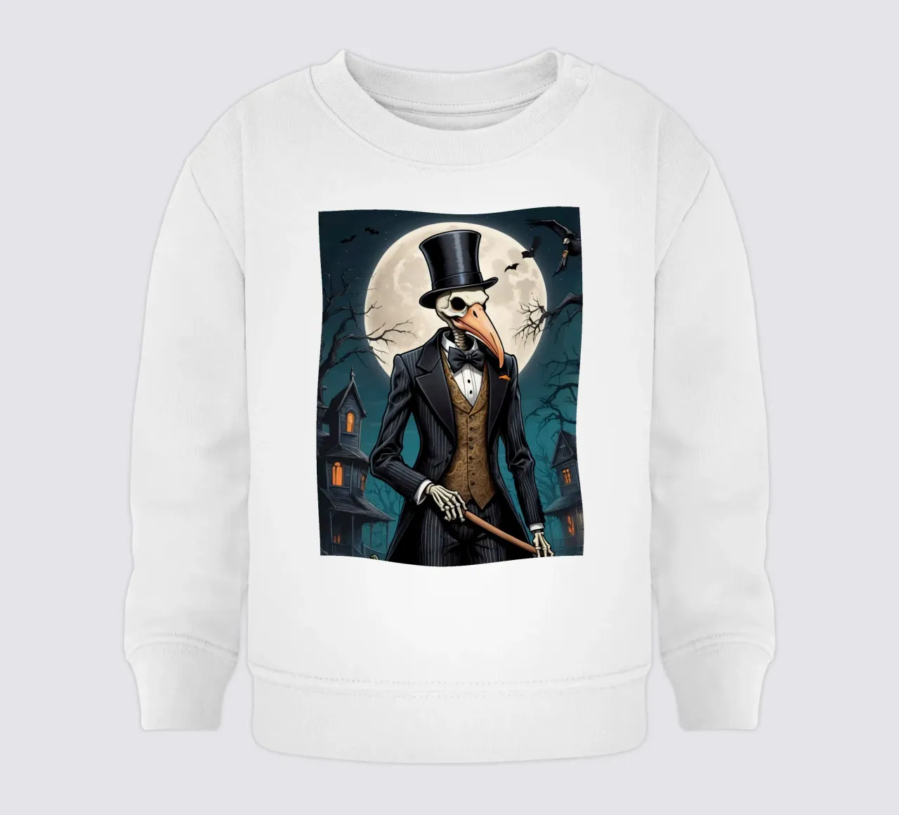 Scheletro in abito da cerimonia con zucca a becco di uccello e scopa felpa neonato da DesignDoodle