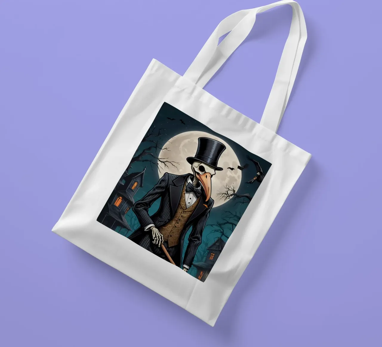Scheletro in abito da cerimonia con zucca a becco di uccello e scopa borsa in juta da DesignDoodle