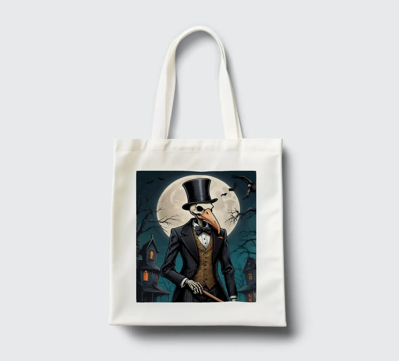 Scheletro in abito da cerimonia con zucca a becco di uccello e scopa borsa in juta da DesignDoodle