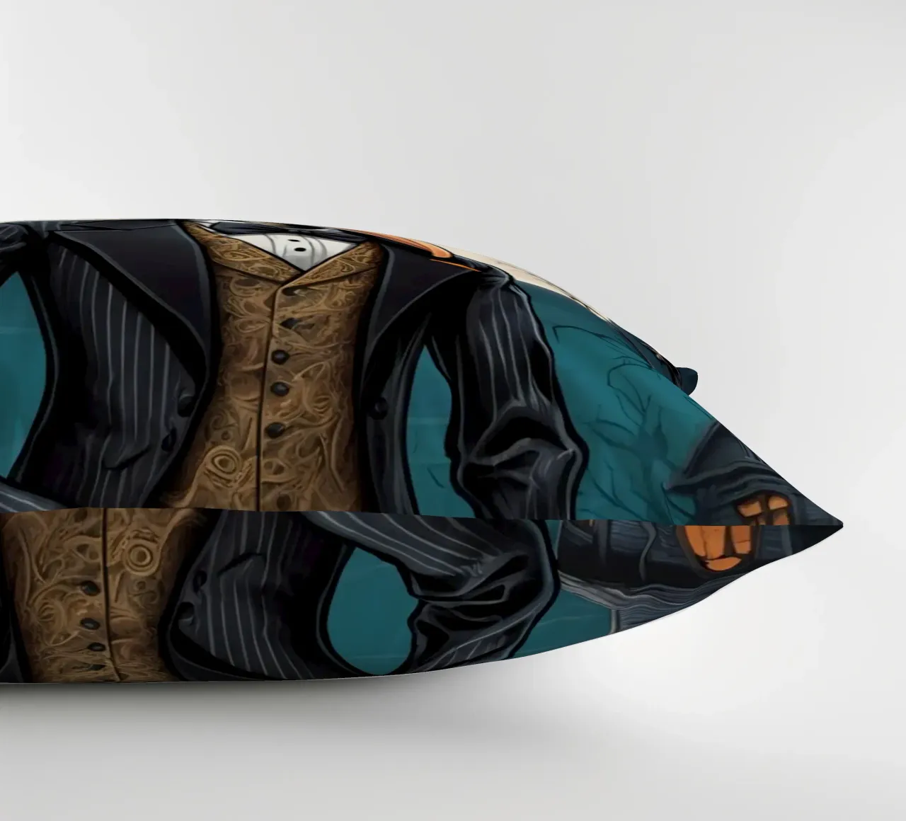 Scheletro in abito da cerimonia con zucca a becco di uccello e scopa cuscino da DesignDoodle