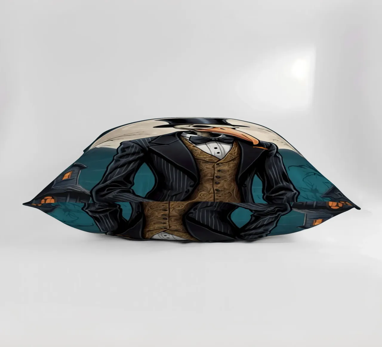 Scheletro in abito da cerimonia con zucca a becco di uccello e scopa cuscino da DesignDoodle