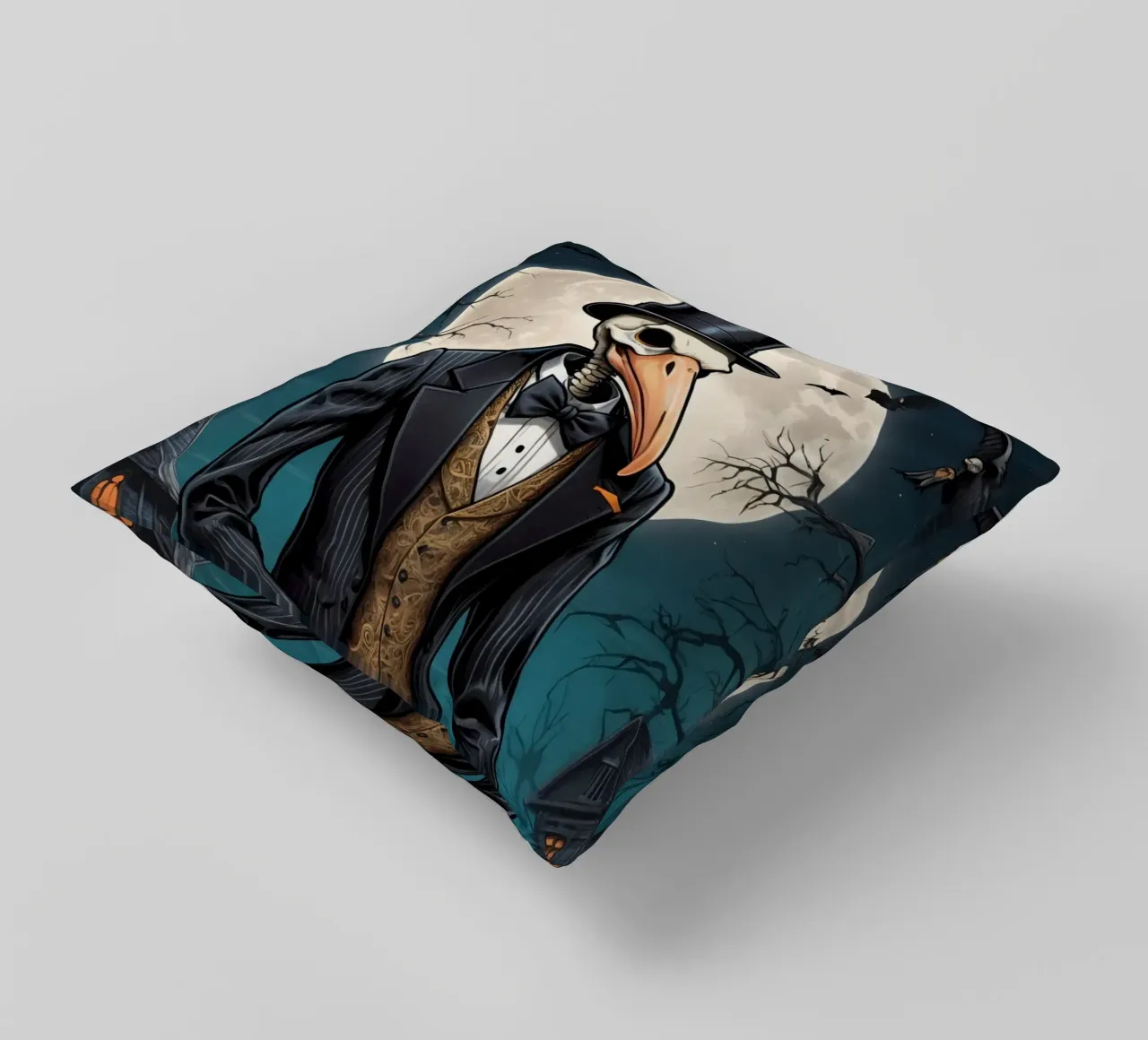 Scheletro in abito da cerimonia con zucca a becco di uccello e scopa cuscino da DesignDoodle