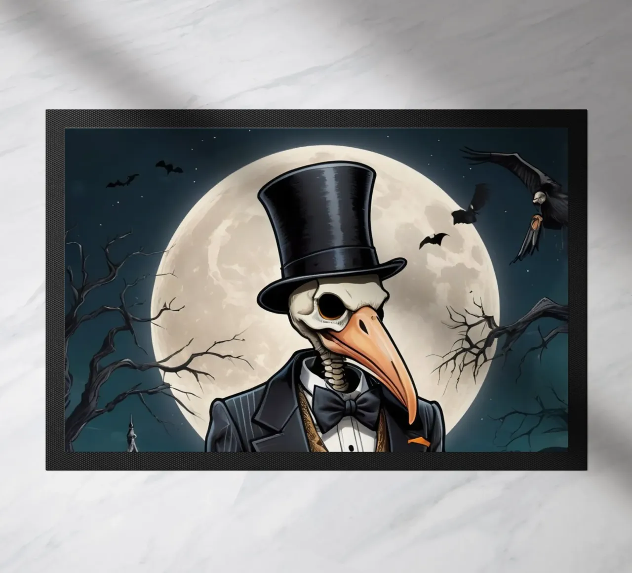 Scheletro in abito da cerimonia con zucca a becco di uccello e scopa zerbino da DesignDoodle