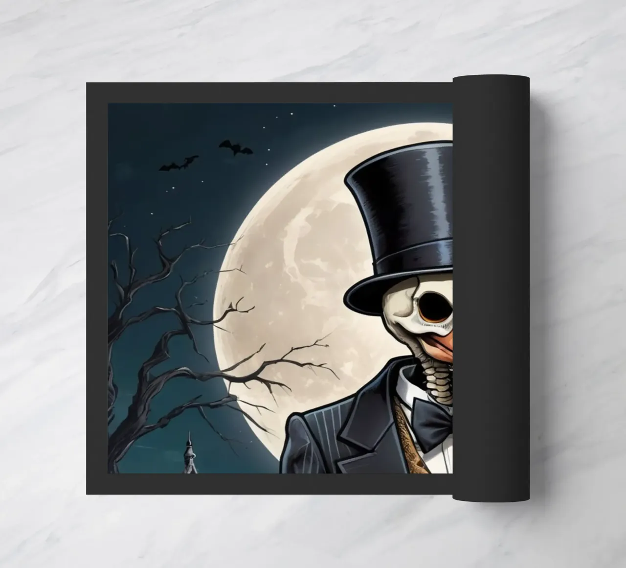 Scheletro in abito da cerimonia con zucca a becco di uccello e scopa zerbino da DesignDoodle