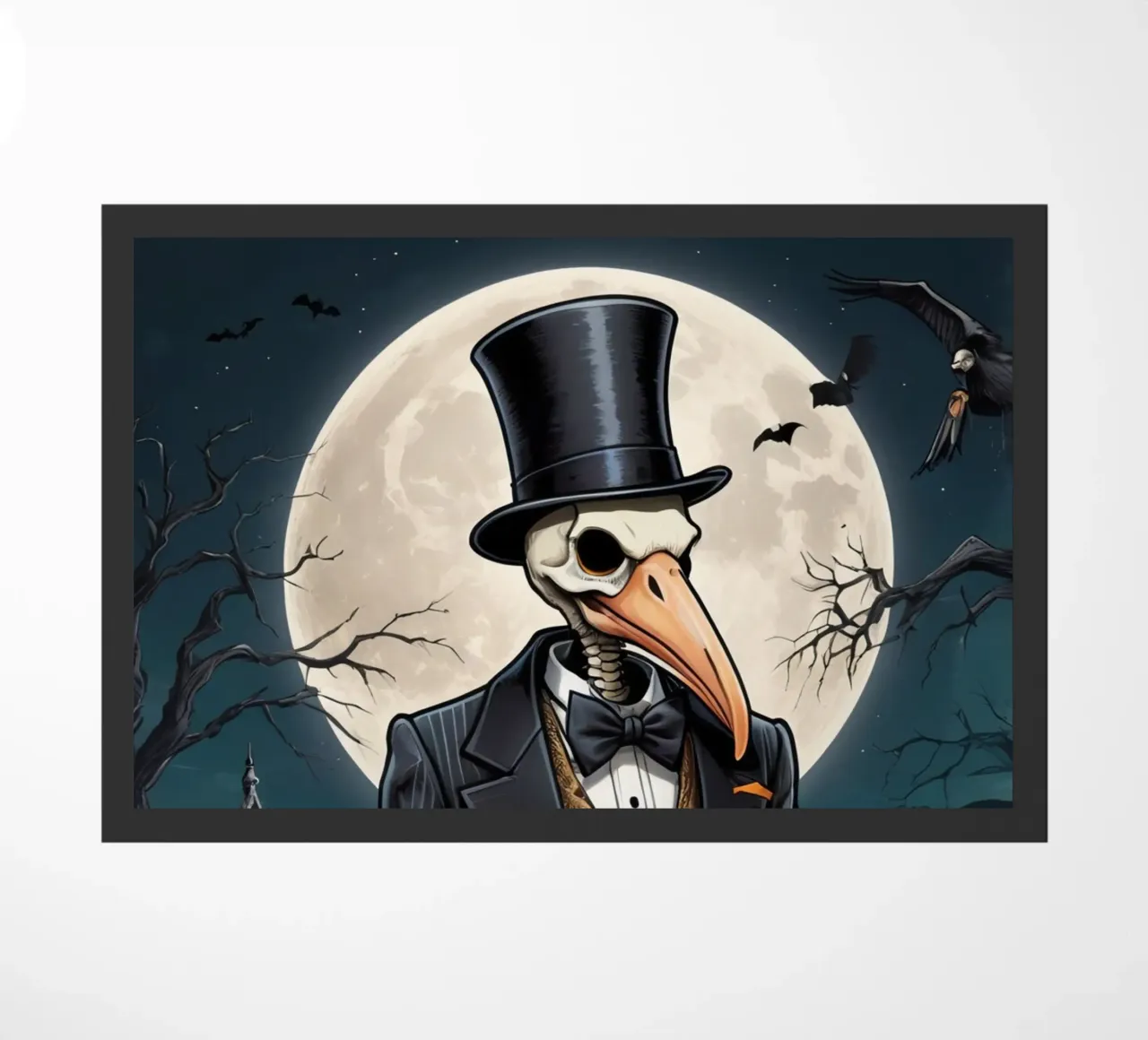 Scheletro in abito da cerimonia con zucca a becco di uccello e scopa zerbino da DesignDoodle